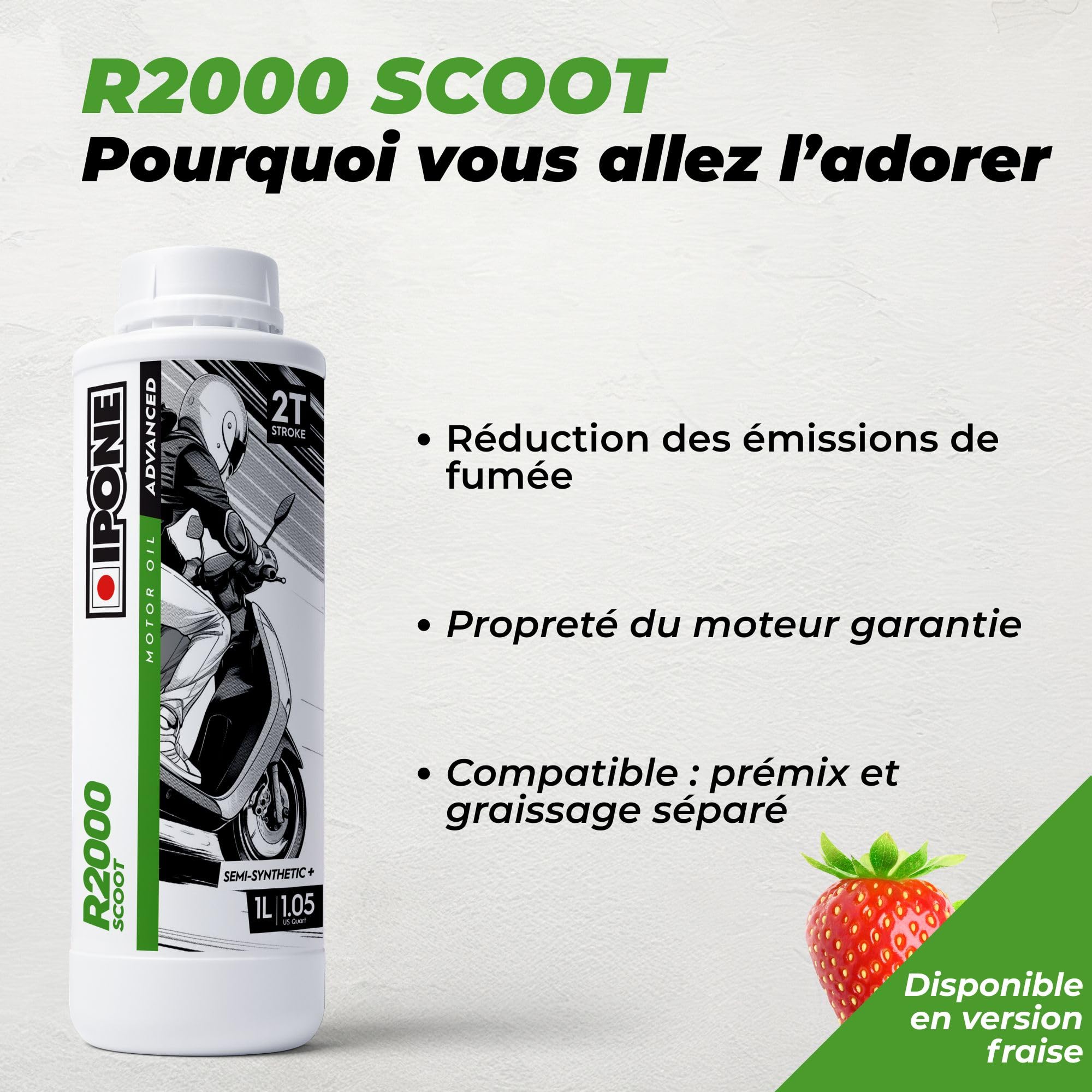 IPONE – Huile Moteur Scooter 2 Temps R2000 Scoot – Bidon de 2 Litres - Semi-Synthétique+ - Gamme Advanced - Propreté du moteur garantie - Réduction des émissions de fumée