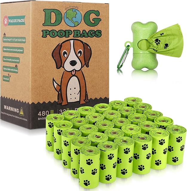 BOTEWO Dog Poo Bags 32 Rolls(480 Poop Bags), Extra Thick and Leak-Proof Biodegradable Dog Poo Bags, Eco-Friendly Dog Waste Bags Refill Rolls With 1 Free Holder