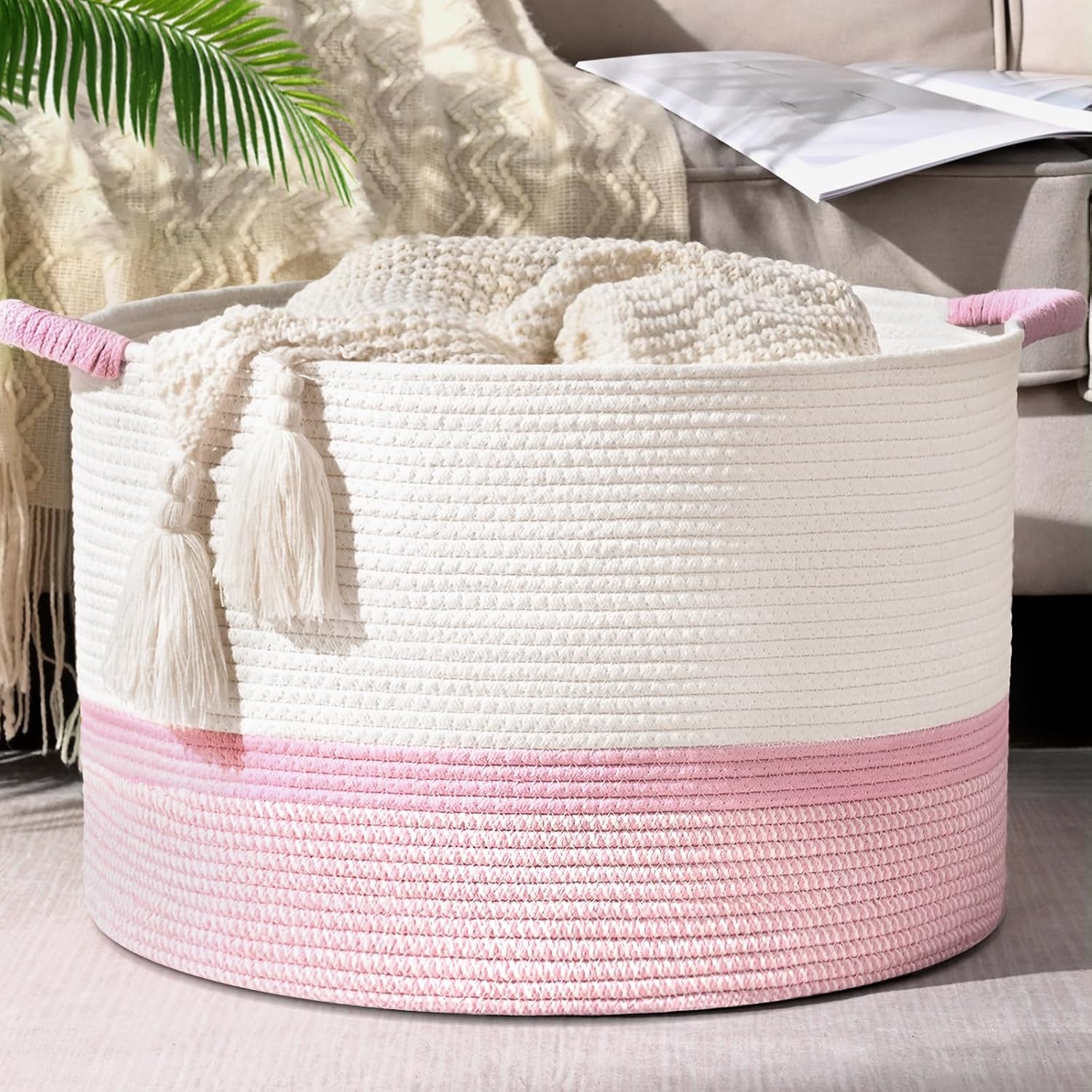 67L Large Blanket Basket, 20"x13" Woven Storage Baskets With Handle, Cotton Rope Blanket Basket Living Room, Baby Laundry hamper for Blanket, Nursery, Toy, Pillow (White & Pink)