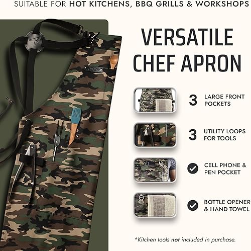 Miniatura 2 de Asaya - Delantal de chef para hombres y mujeres más toalla de mano y abrebotellas, de lona de 10 onzas