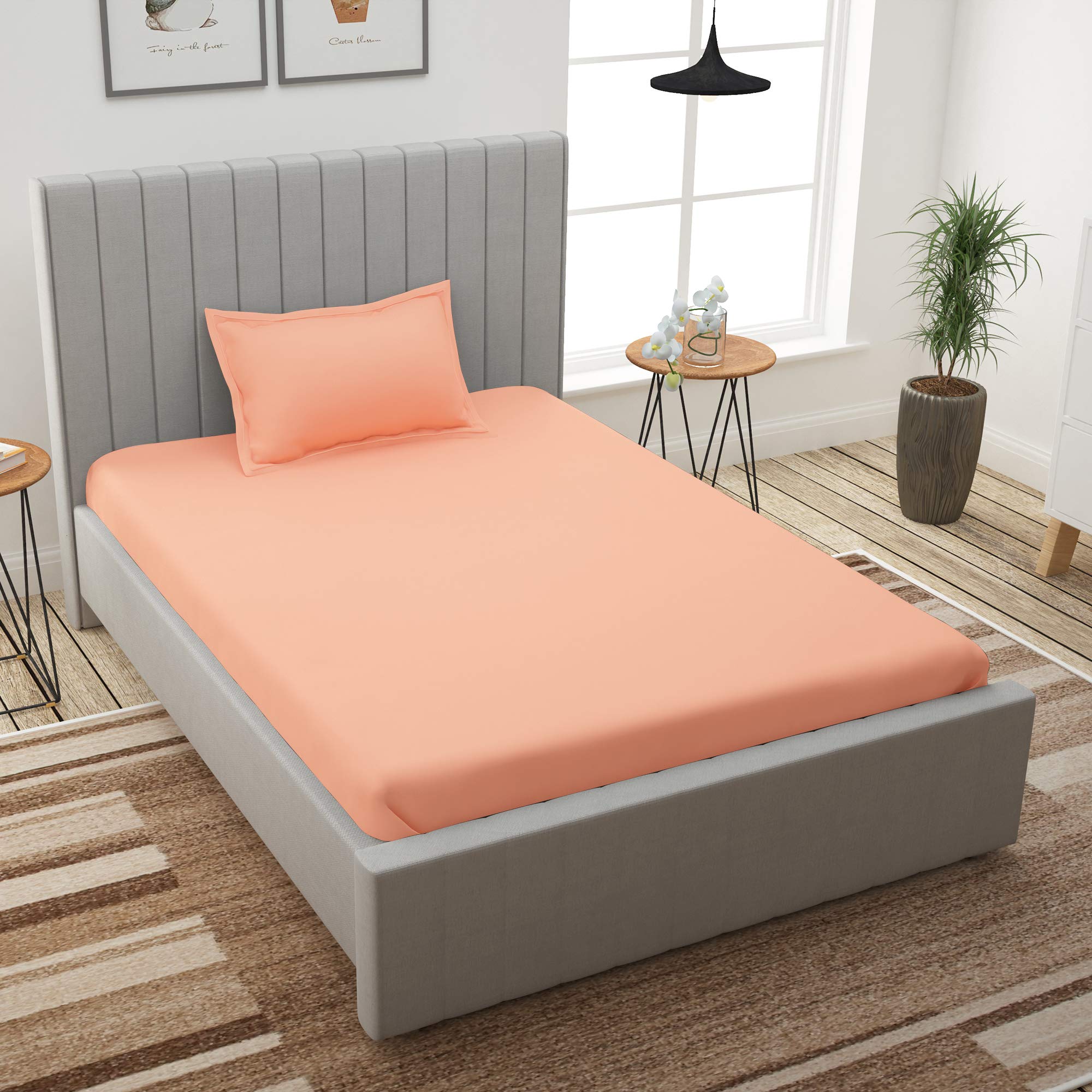Story@HomeAvalon 300TC 100% Cotton Solid Pattern Single Bedsheet with 1 Pillow Cover, Tangy Peach