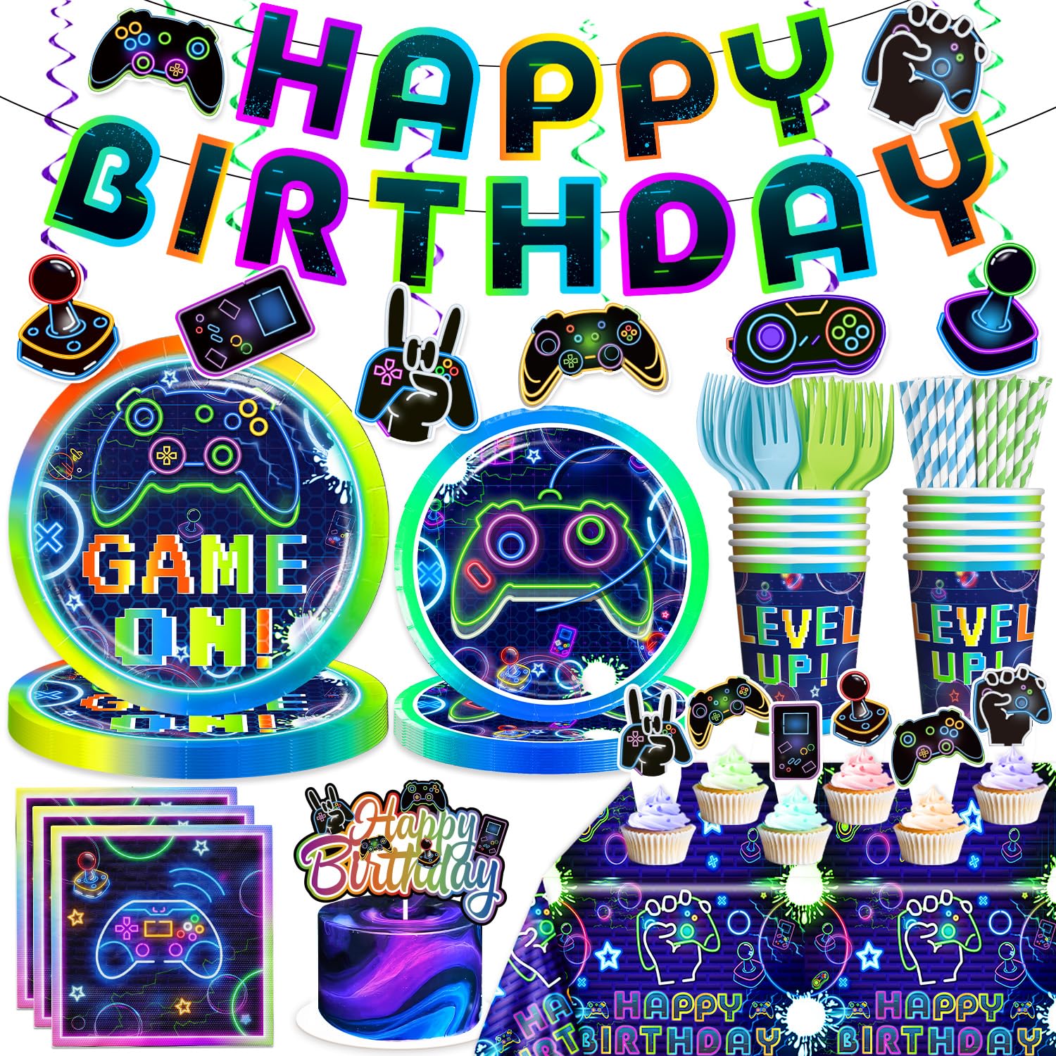 Yingoto 174 Pcs Gamer Birthday Party Decorations Tableware Set with 300gsm Plates and Napkins, Serves 25, 2 Tablecloths, Banner, Cake Toppers, for