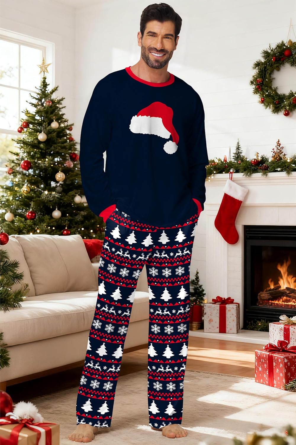 Men Christmas Pajamas Set 2 Piece Long Sleeve Xmas Shirt and Pants