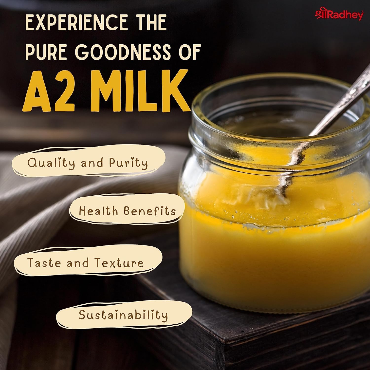 SHREE RADHEY A2 Bilona Gir Cow Ghee | 1 Litre | Traditional Bilona Method | Cultured | Premium | Immunity Booster | Pure | Natural | Healthy | Lactose and gluten free | Keto Friendly | Glass Bottle