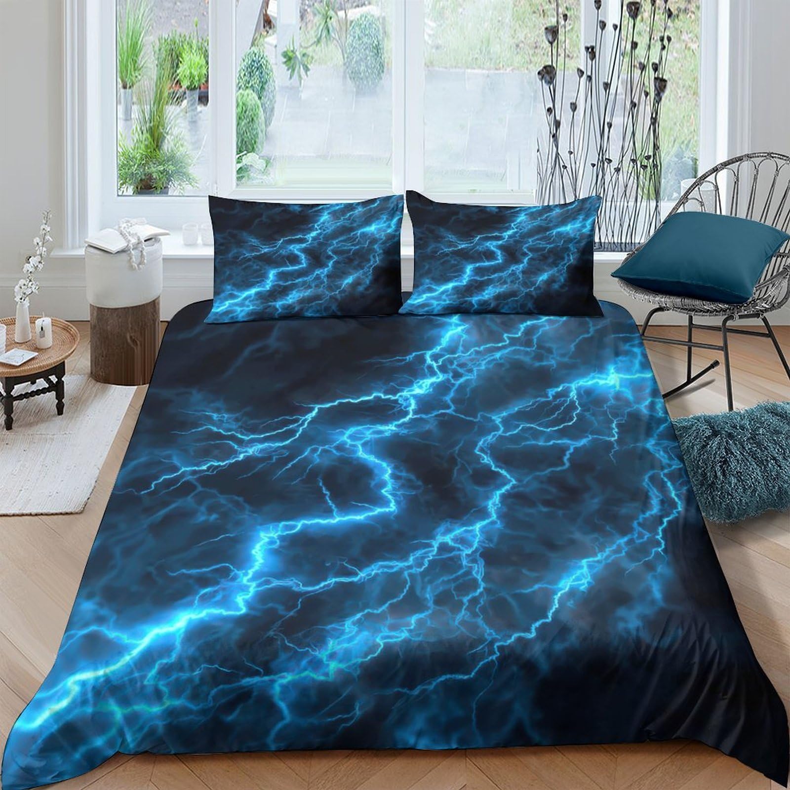 Ctjqhvkz Style-3 3D Printed Electric Blue Lightning Fitted Sheet Microfiber Soft Breathable Thunder Mattress Cover For Bedroom Dorm Décor Single（135X200cm）