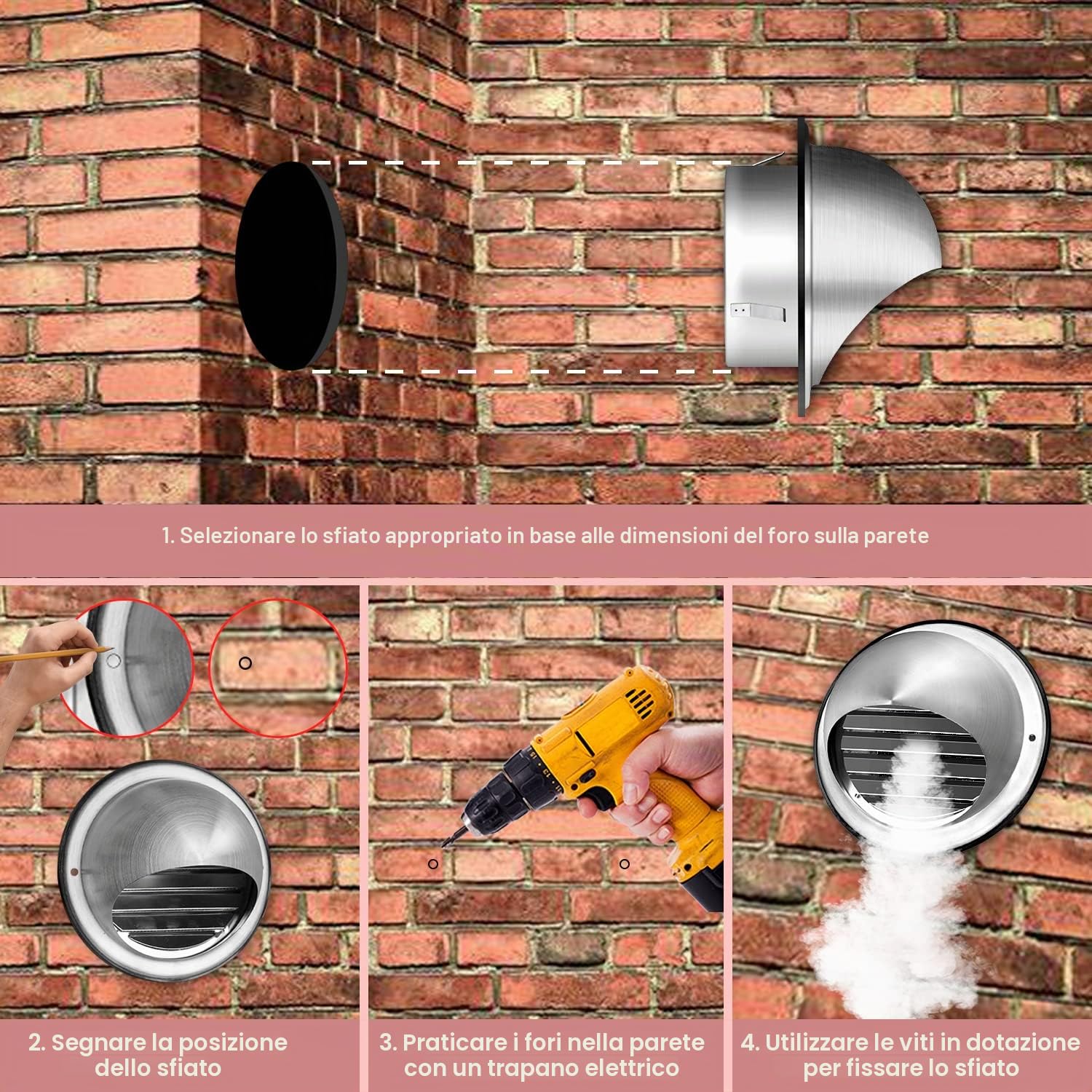 WeCooper Griglia di ventilazione da 100 mm, in acciaio inossidabile 304, con estrattore tondo a punta semicircolare, copertura della ventola a 4 pollici, con alette, zanzariera e deflettore antigoccia