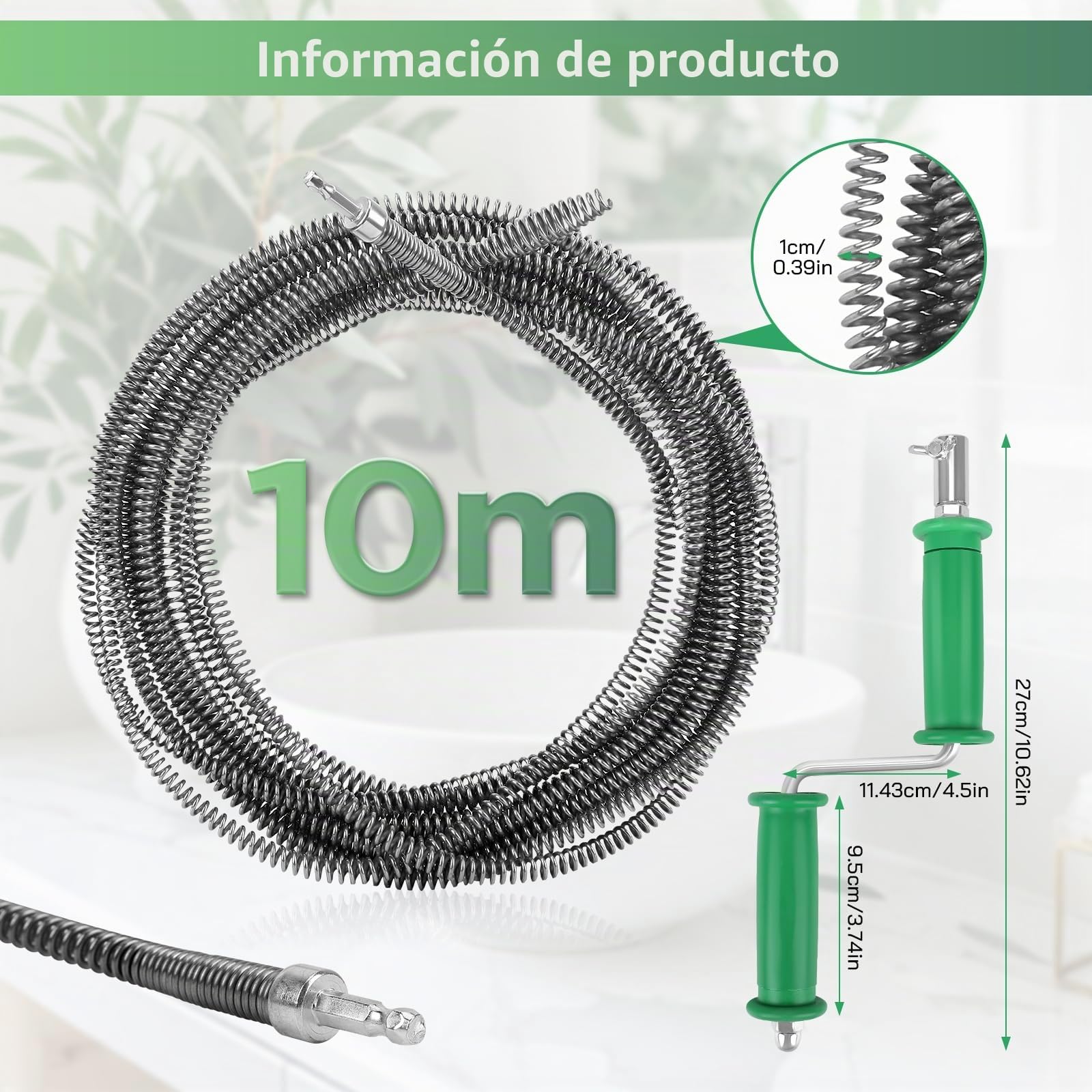 Alambre Desatascador Tuberias,10M*10mm Cable Desatascador Tuberias Fregadero Espiral de Limpieza Profesional con Adaptadores Eléctricos Manuales Fregaderos Cocina Cañerias Desagües Inodoros Obstruidos