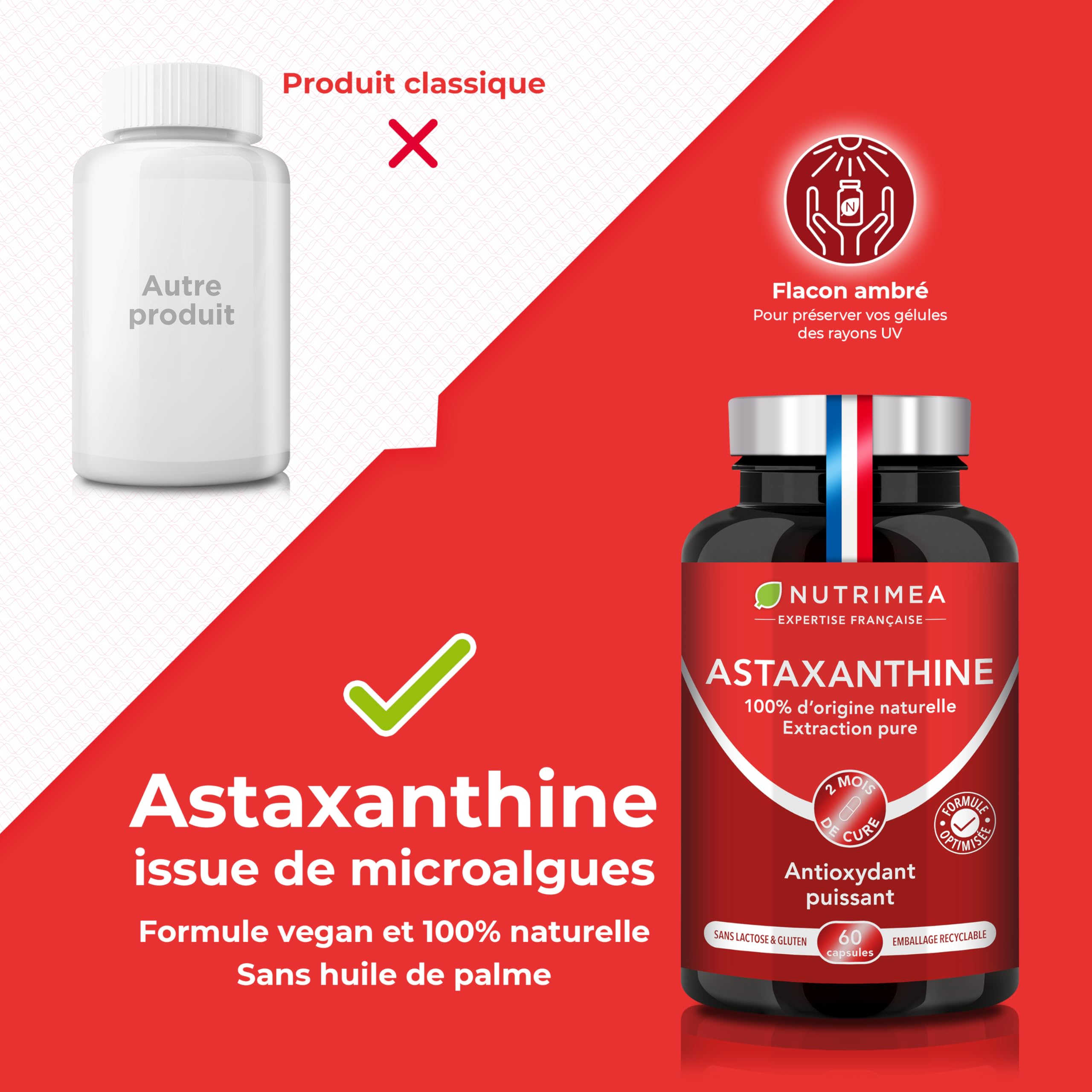 Astaxanthine - Extrait de Haematococcus Pluvialis 40 mg - 100% Naturel - Vegan - Antioxydant - Formule Premium - 60 Capsules - Nutrimea - Fabriqué en France