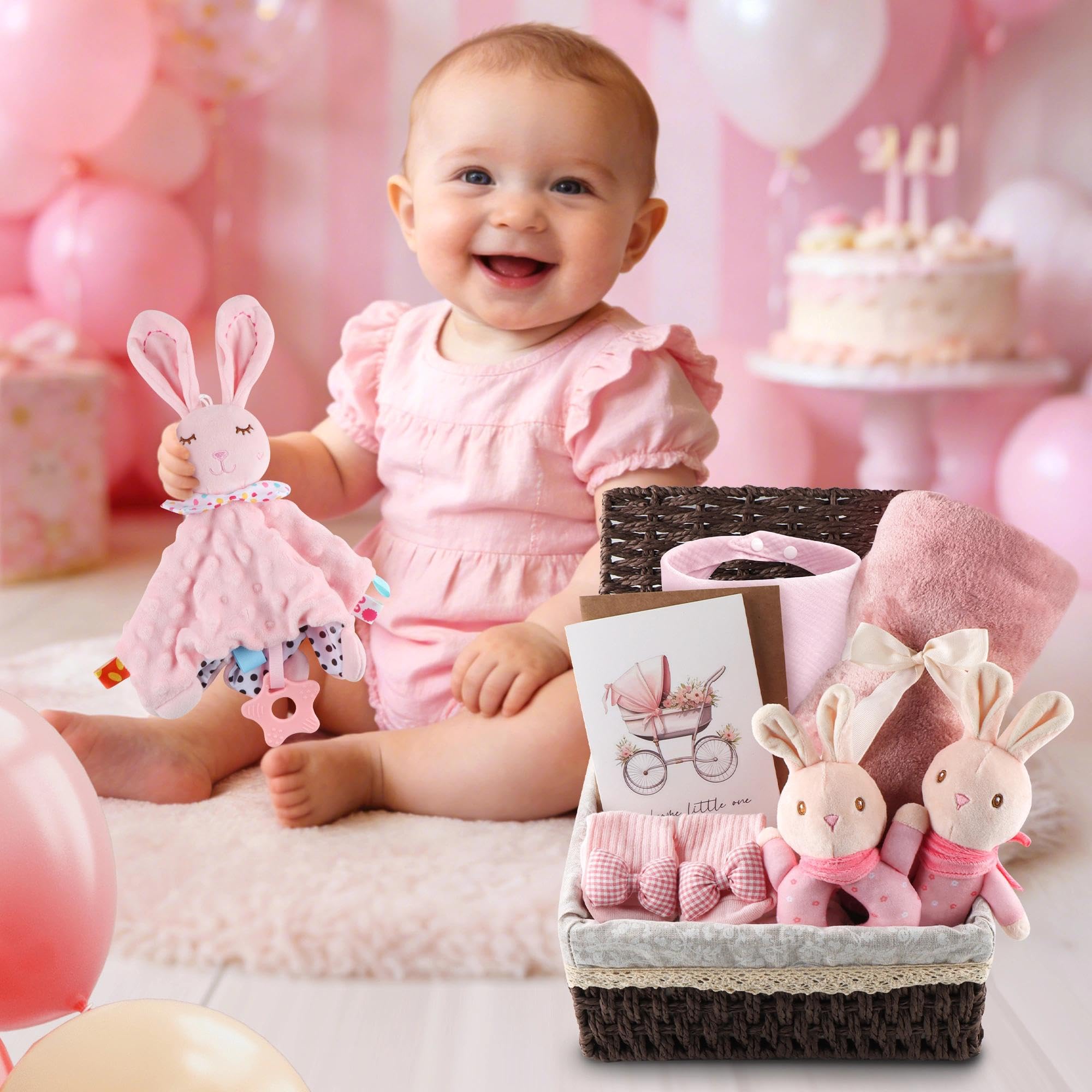 Coffret Naissance Mixte Bébé avec Couverture 70x100 cm Doudou Hochet Bavoir Chaussettes Rose