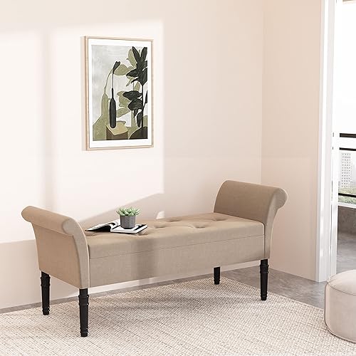 Miniatura 4 de annjoe Banco otomano de almacenamiento, banco de dormitorio, cama, entrada, pasillo, cofre/reposapiés/asiento acolchado (O70324-TAN, bronceado)