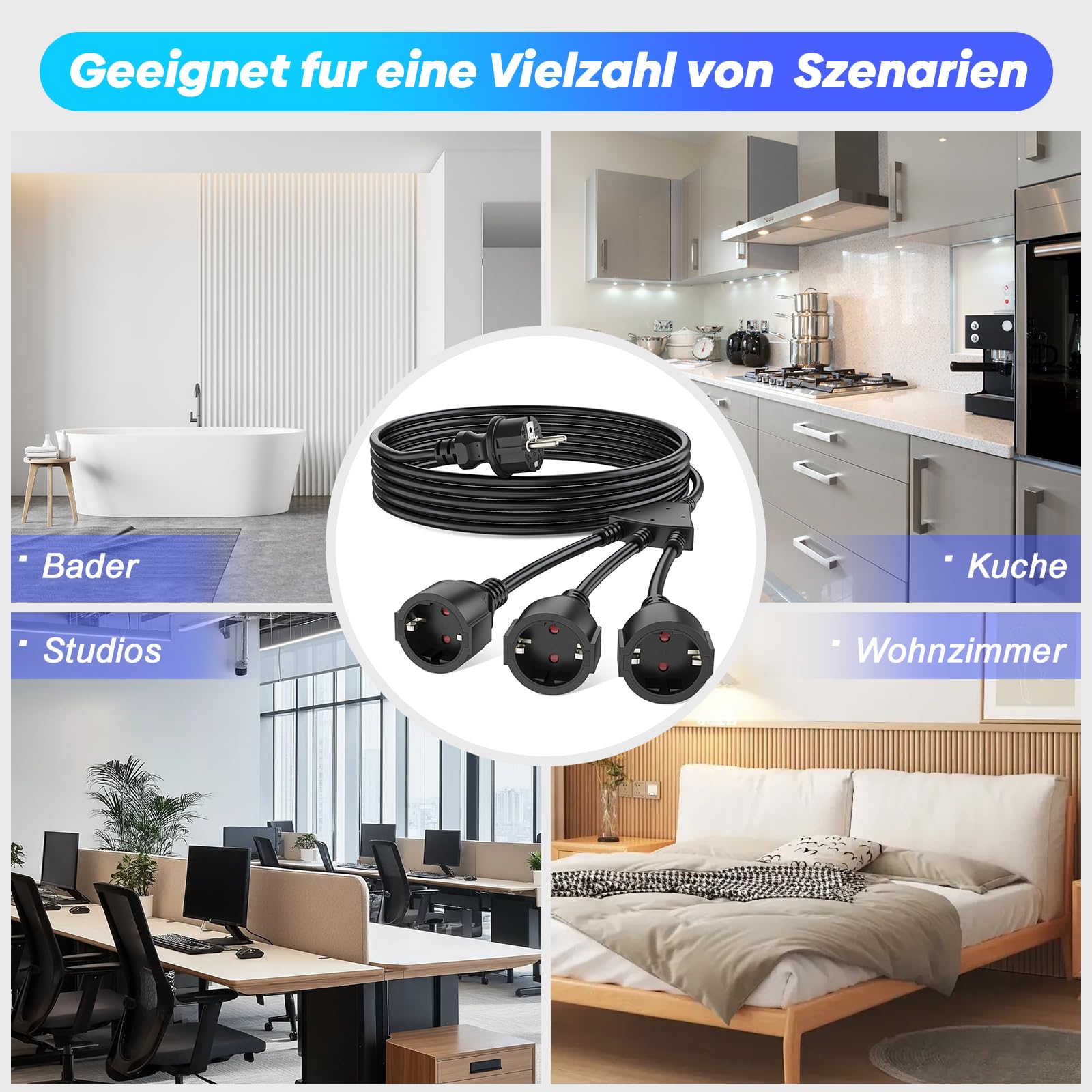 HITRENDS Rallonge d'extérieur avec contact de protection - Avec prise multiple - Câble en plastique CA Schuko avec 3 prises - Pour la maison, le bureau, l'extérieur - 3 x 1,5 mm² - Jusqu'à 250 V/13 A