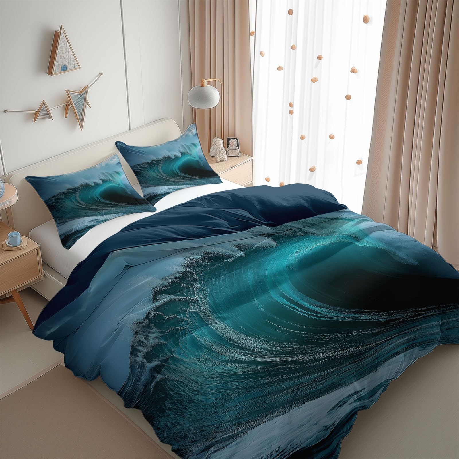 Deep Sea Blue Duvet Cover Twin Size 2 Pieces Seascape Waves Blue, Bedding Room Decor Bedspread for Kids Teens, Comforter Quilt Cover Bedding Set with Pillow Sham