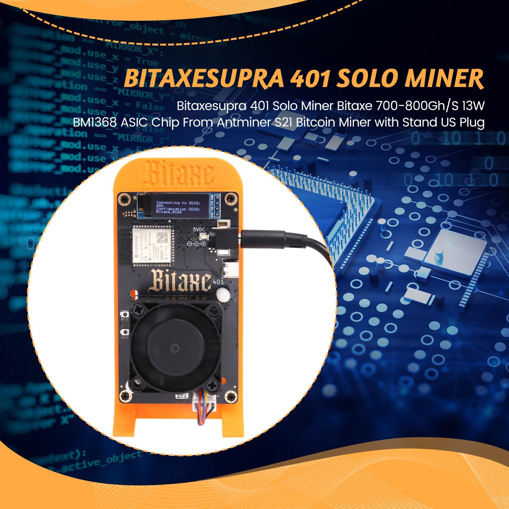 Tassteen Bitaxesupra 401 Solo Miner 700-800Gh/S 13W BM1368 ASIC Chip from Antminer S21 Bitcoin BTC Miner with Stand US Plug
