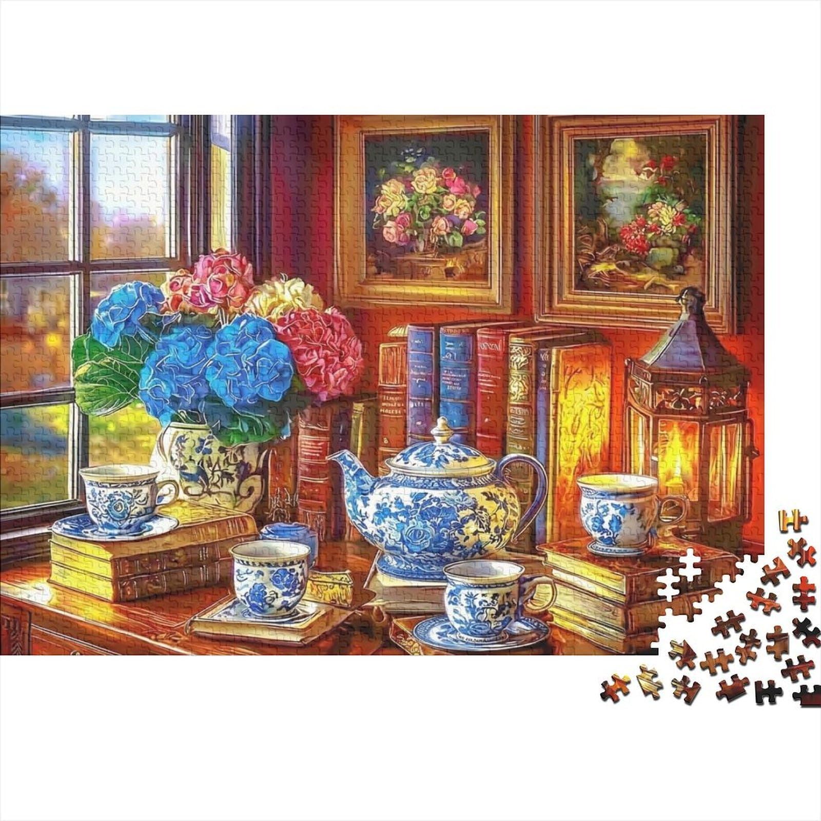 Blue Floral Teapot Bookshelf 1000 Piece Jigsaw Puzzle Jigsaw Puzzle for Adults Paper Relaxing Family Decor Gift 52x38cm/1000pcs