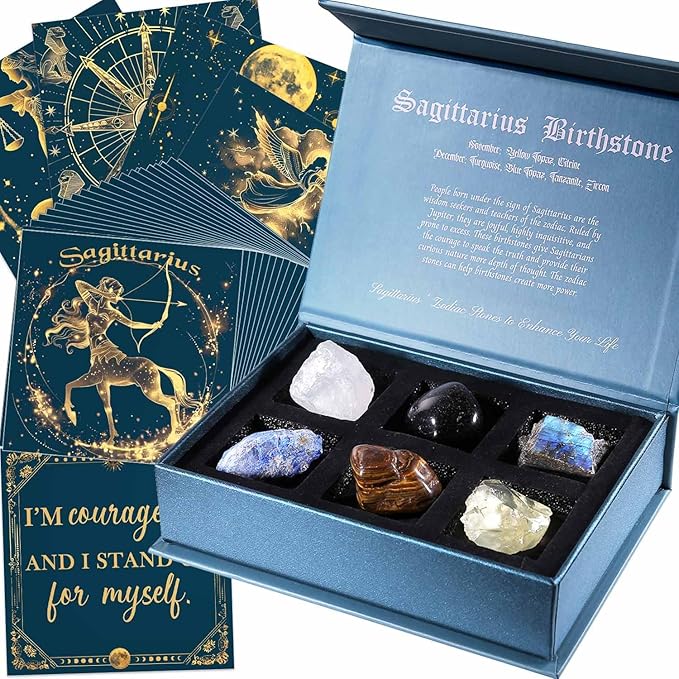 Faivykyd Sagittarius Birthday Crystals Gifts - 6 Sagittarius Zodiac Healing Stones w/ 50 Miracle Mantras Affirmation Cards, Spiritual Gifts for Positive Energy, Self-Care, Love & Wealth