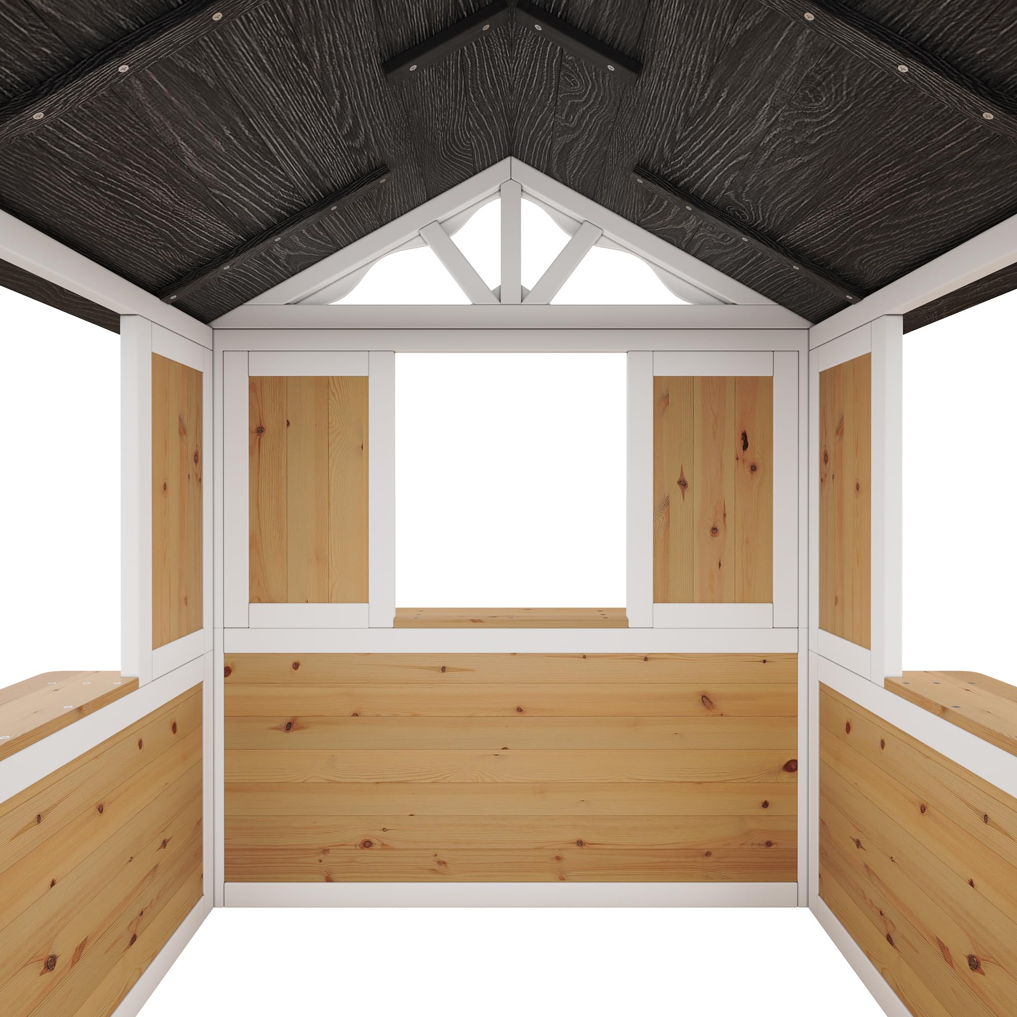 Massivholz Kinderspielhaus Outdoor 132cm Wetterfest mit Verkaufsfenster | Stabiles Holz-Spielhaus für Garten. 132cm hoch, EN 71 geprüft. Mit Marktstand & Pflanzkasten für kreatives Rollenspiel.