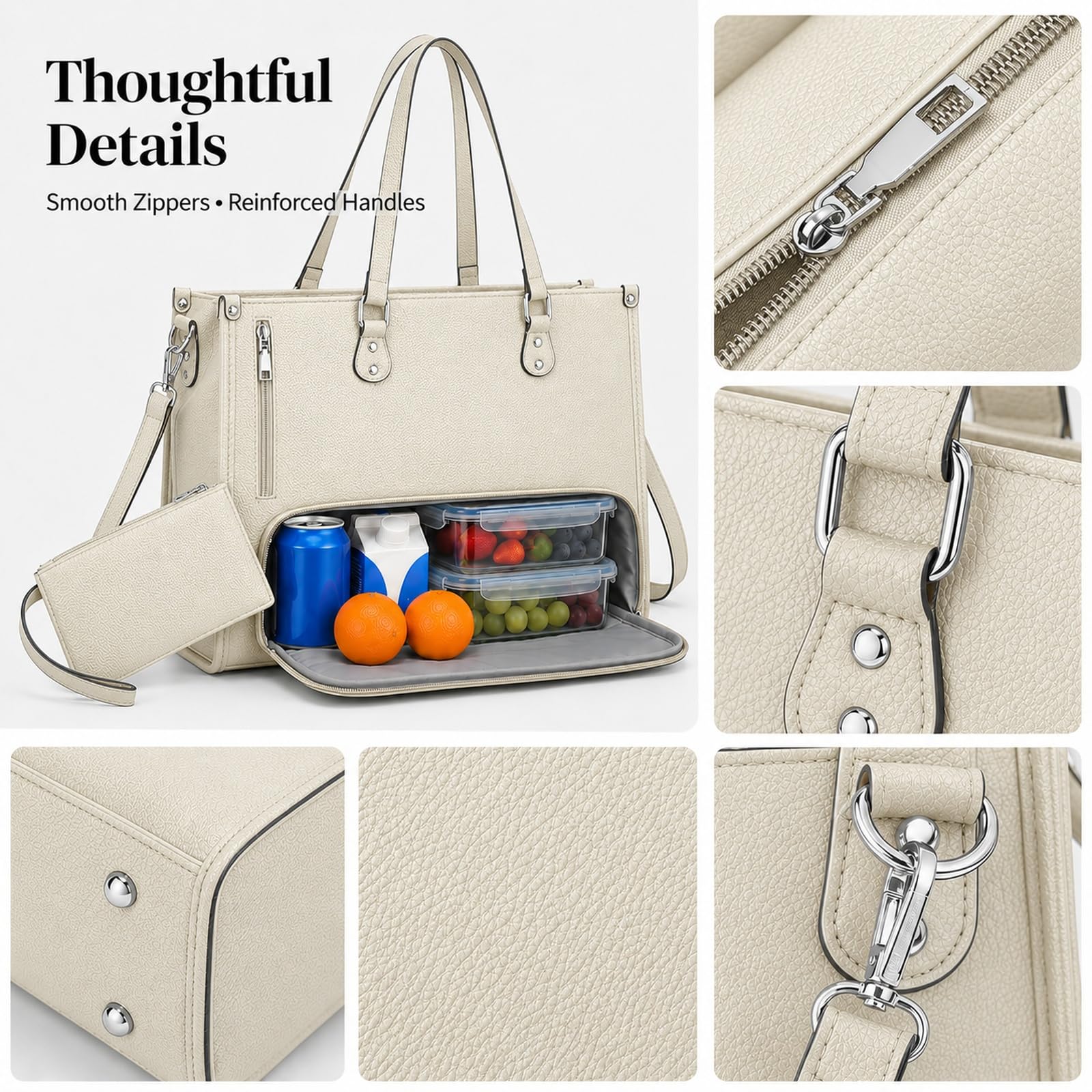 GOOGO Borsa pranzo donna con scomparto termico, borsa laptop elegante idrorepellente con vano lunch separato e molte tasche, per ufficio, campus e pendolarismo (bianco)