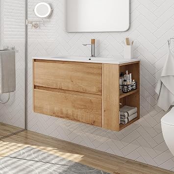 36 inch Bathroom Vanity with Sink Combo Mordern Floating Bathroom Vanity with White Ceramic Sink Top Wall Mounted Vanity Set with 2 Drawers and Open Adjustable Shelves for Bathroom