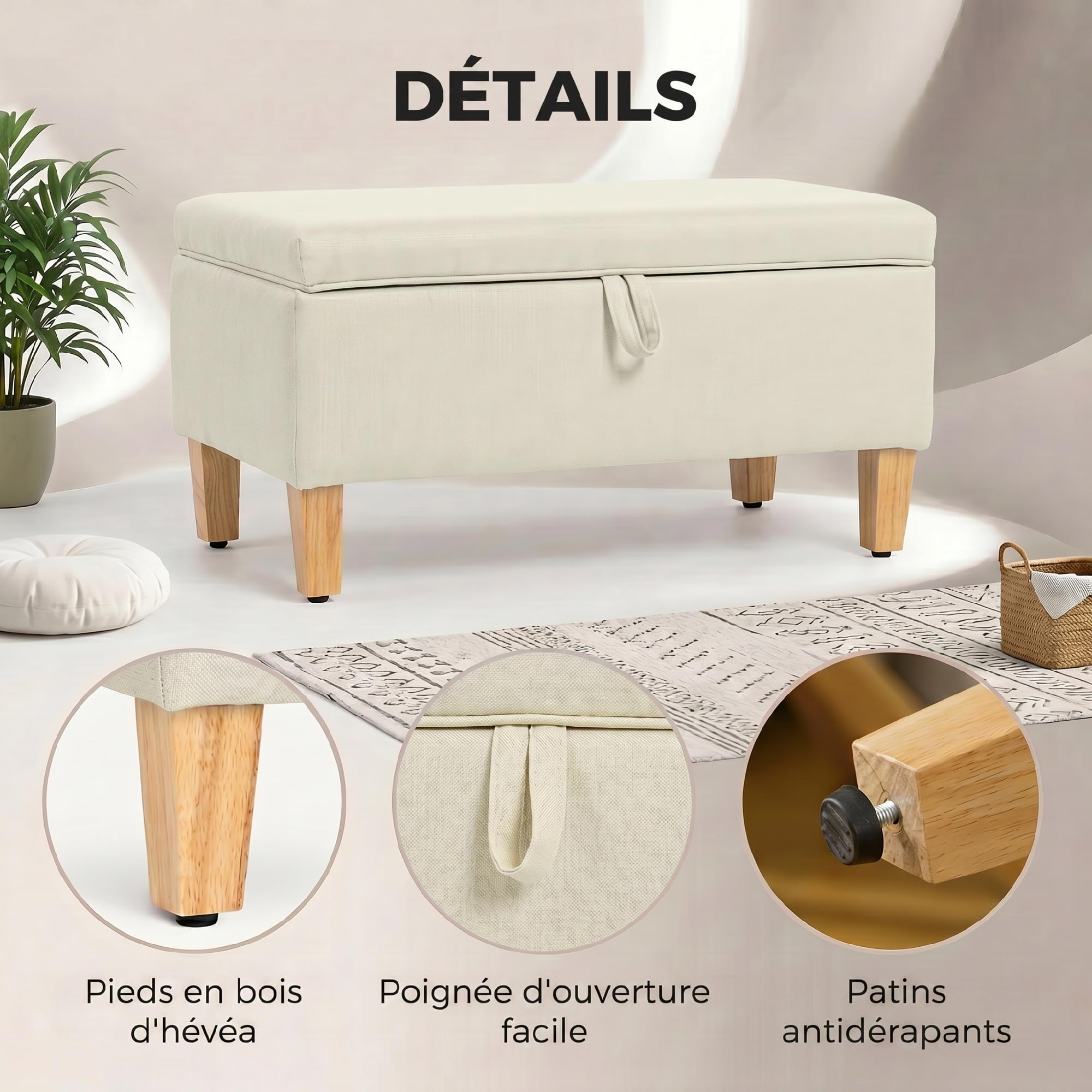HOMCOM Banc de Rangement, Bout de Lit, 71 x 37 x 36 cm, Beige