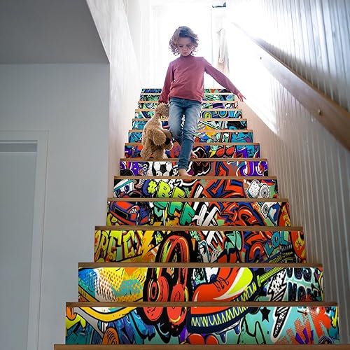 Miniatura 5 de Calcomanías modernas de grafiti en acuarela, calcomanías para escaleras para escaleras, abstracto, hip hop, ciudad, calle, pared, colorido graffiti,