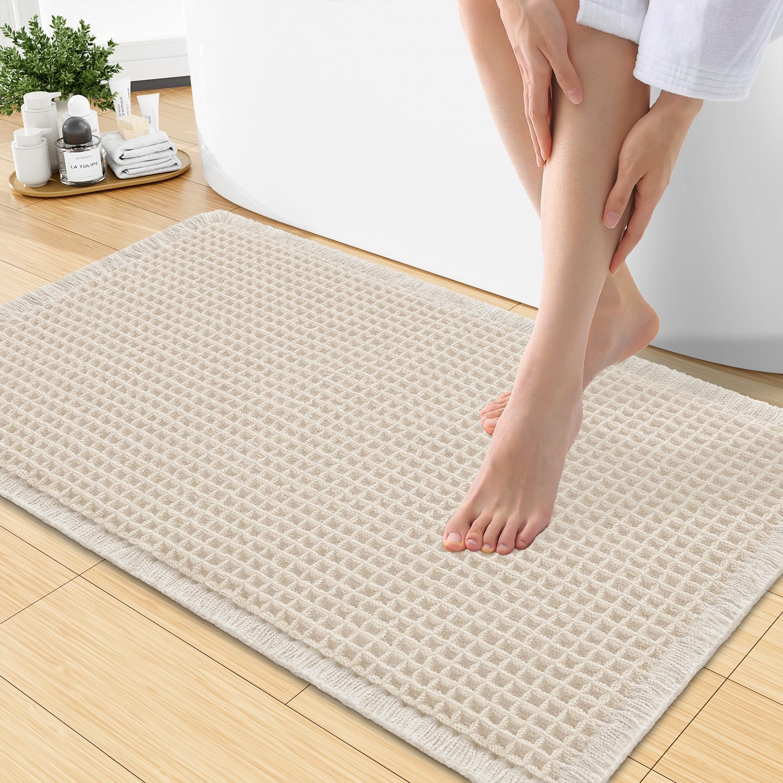Smiry Waffle Bath Mat 30X18, Soft Absorbent Bathroom Rugs, Cream Beige
