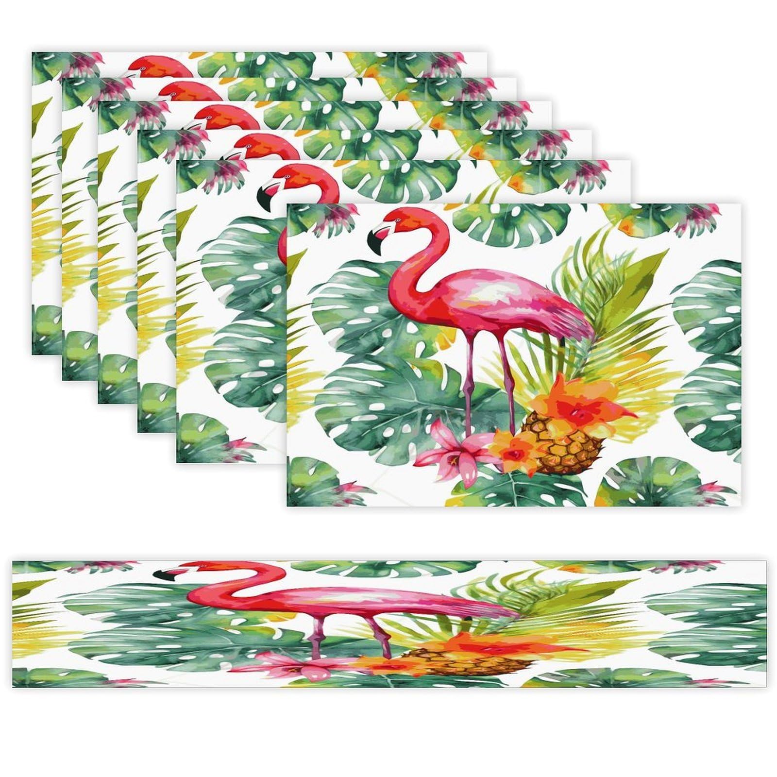 Tropical Watercolor Pineapple Flamingo Table Runner and Placemats Set of 6 Modern Art Table Runners Table Mats Heat Resistant Non-Slip Place Mats Washable Linen Dining Mat Sets for Kitchen