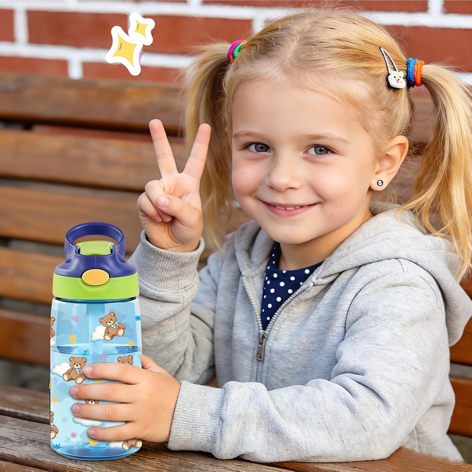 14oz Bear Kids Water Bottle Straw