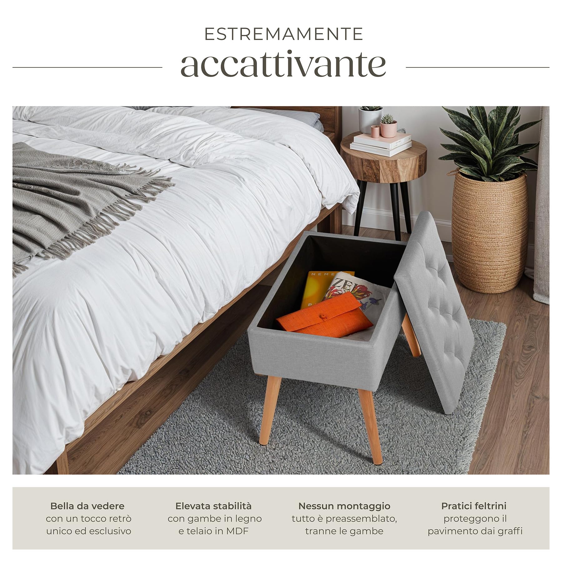 tectake® Panchina Imbottita, Rivestimento Effetto Lino, Scomparto Interno, Gambe in Faggio Massiccio, Capacità 300 Kg, Misure 51x37,5x45,5 cm - Grigio Chiaro