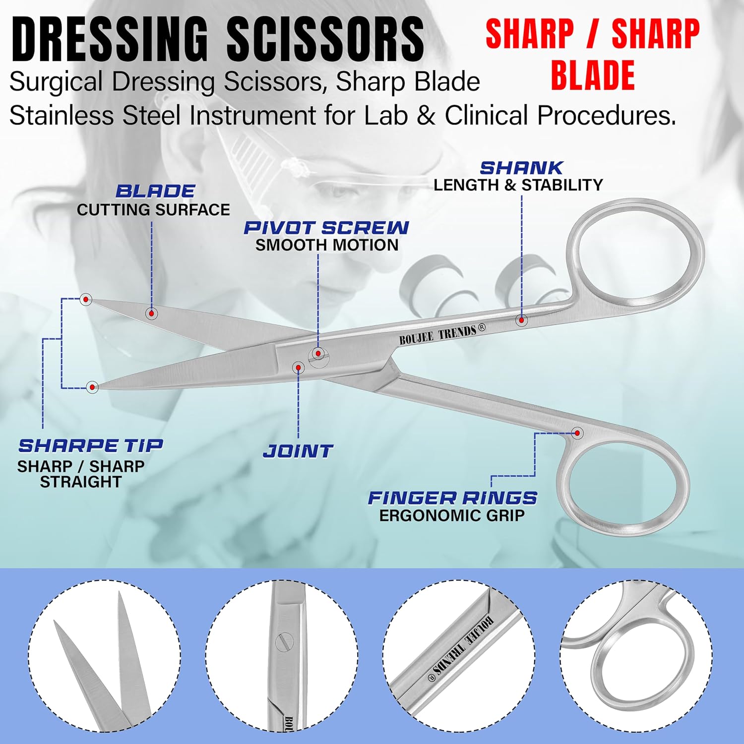 Precise Quality Stainless Steel Surgical Dressing Scissors Medical Dissecting Sharp Scissors Straight General Art Craft Paper Shears (Sharp/Sharp)