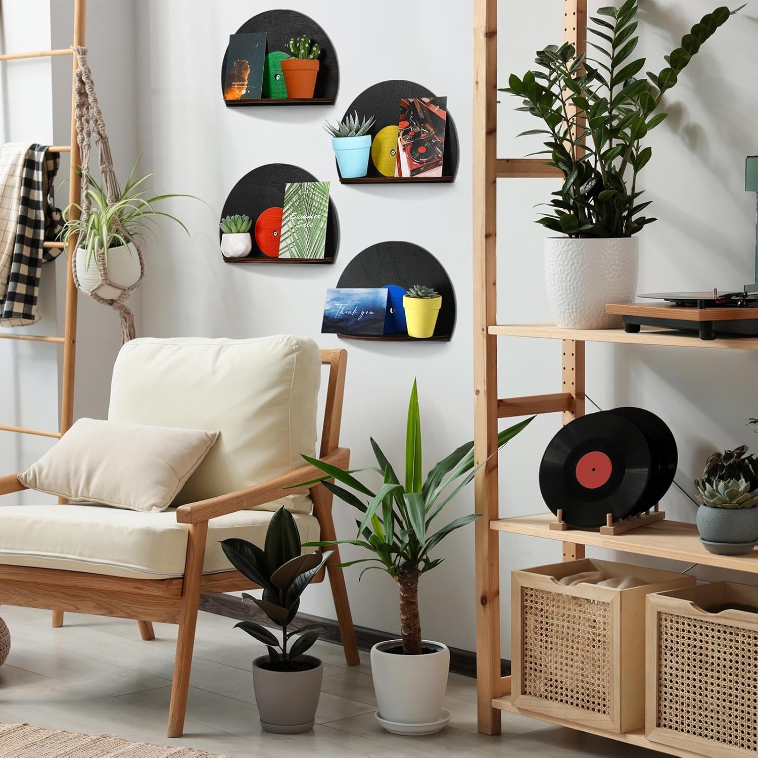 Threehoney 4 Pcs Vinyl Record Wall Decor Music Art Themed Wall Storage Shelf Blank Record Shaped Hanging Sign Aesthetic Music Theme Home Decoration for Room Bedroom Party Decor(Classic,Wooden)