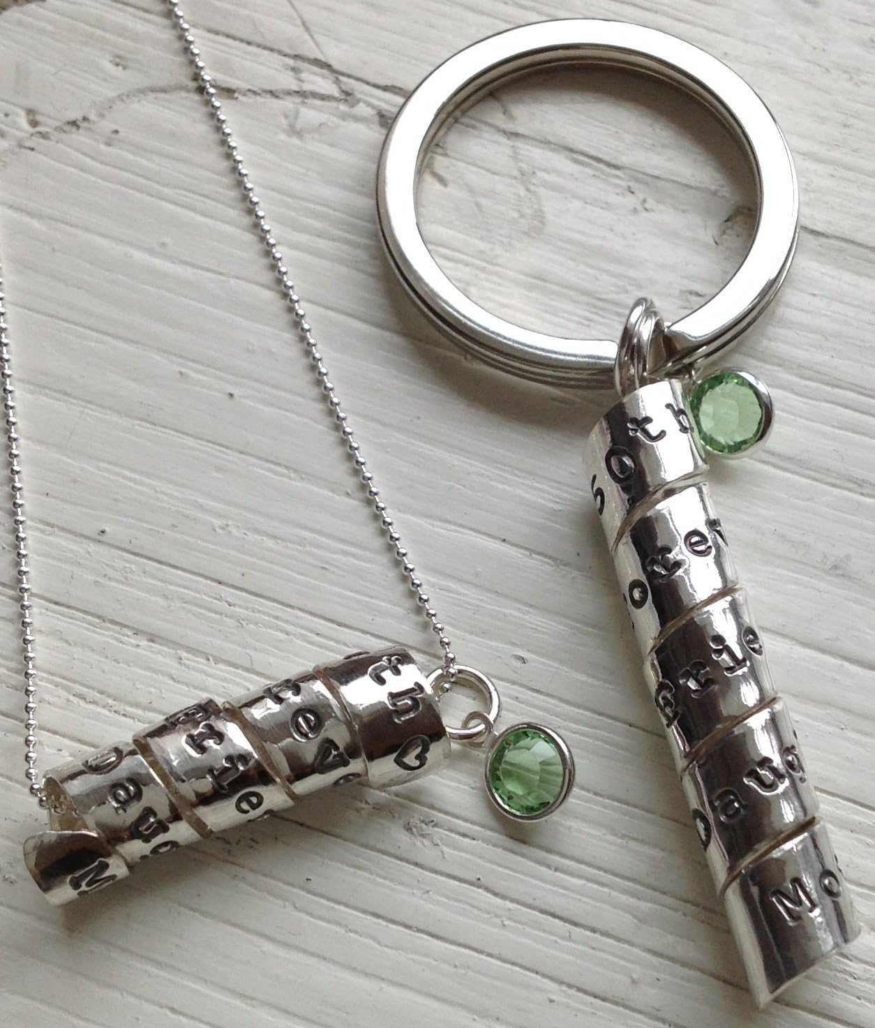 Personalised, Hand Stamped Sterling Silver Secret Message Double Scroll Necklace & Keyring Set