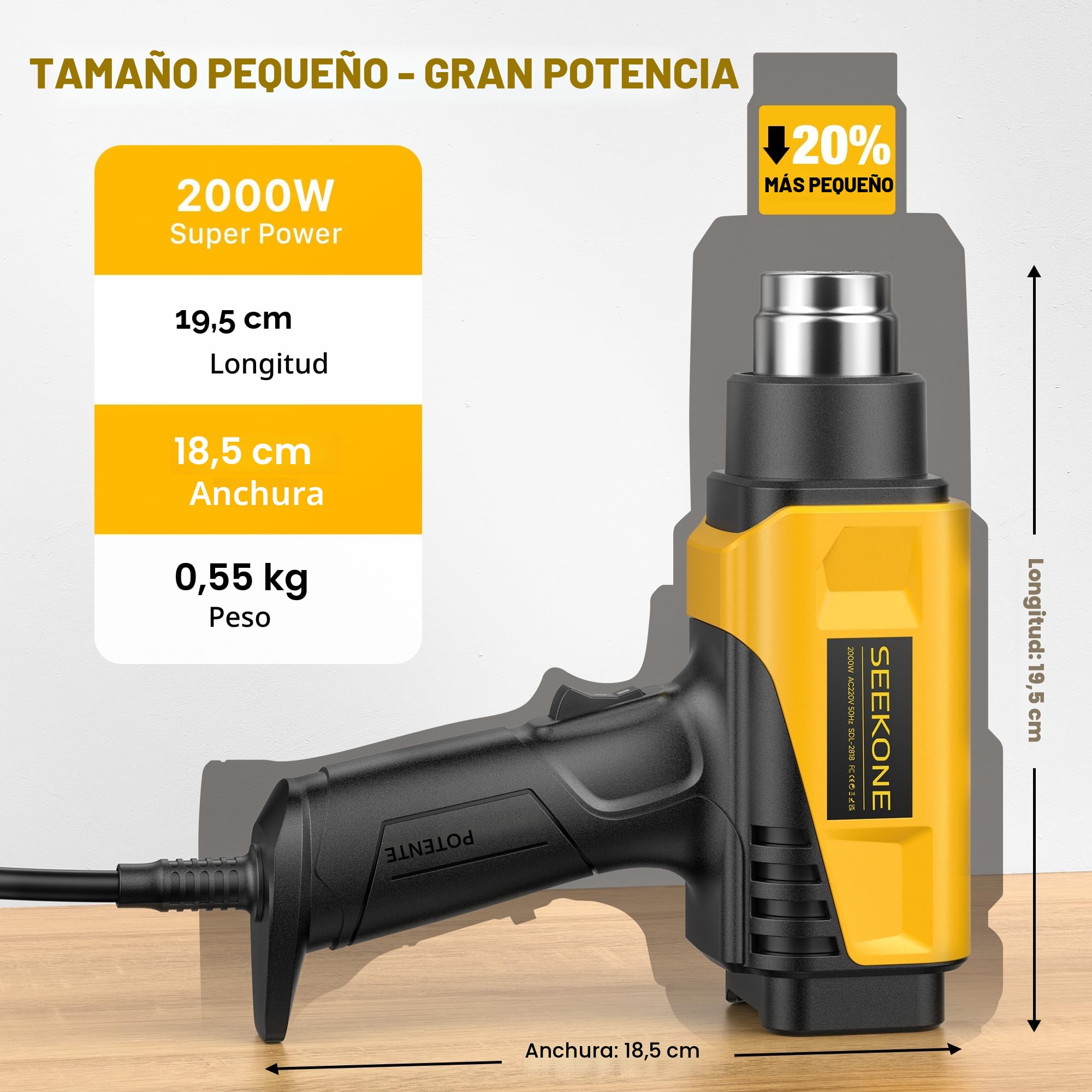 SEEKONE Pistola de Aire Caliente de 2000W con Pantalla LCD Digital, 50℃-650℃ Diseño Compacto y Temperatura de Flujo de Aire Ajustable, con Protección de Sobrecarga y Ideal para Manualidades