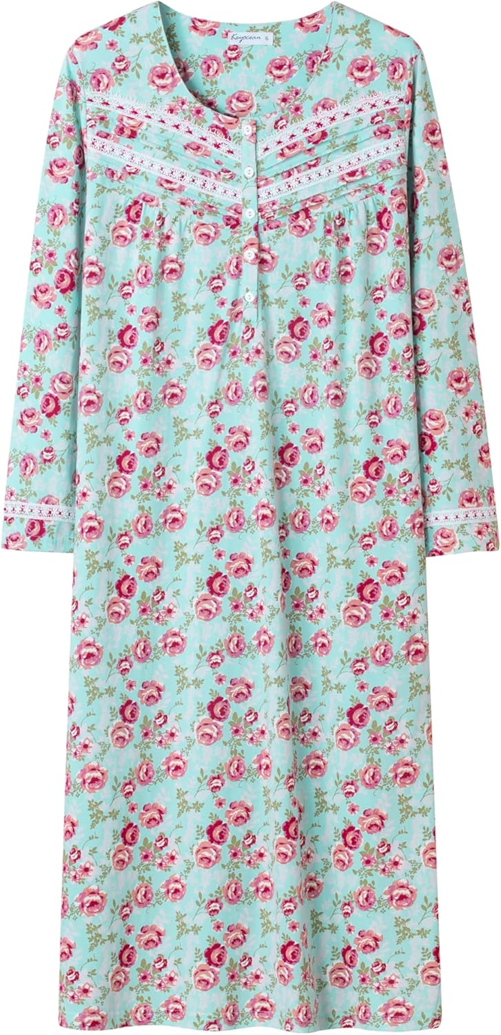Keyocean Nightgowns for Women, Soft 100% Cotton Knit Nightgowns, Comfy Long-Sleeve Ladies Sleepwear Gown for Mom