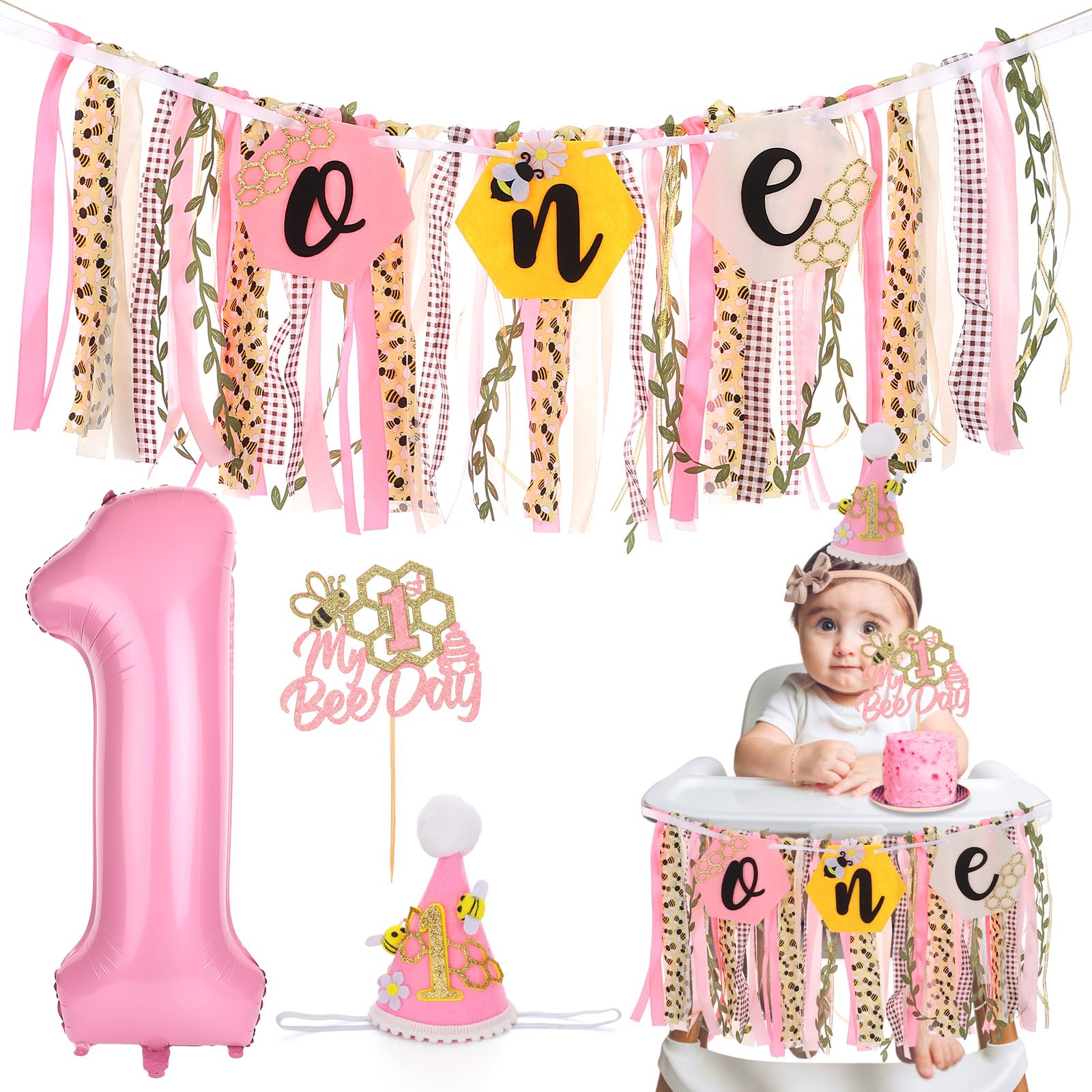 Happy 1st Bee Day Highchair Banner for Girls Birthday Party Decorations