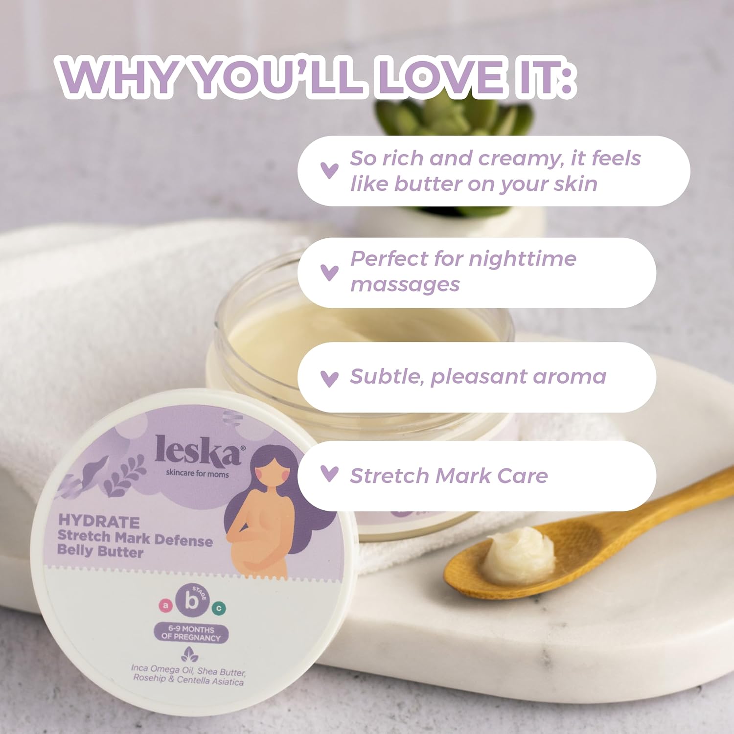 Leska Maternity Stretch Mark Belly Butter | STAGE B: HYDRATE Stretch Mark Defense Belly Butter (Pregnancy Months 6-9) | Part of a Complete 3 Part Pregnancy Skin Care System | New Mom Gifts (4.93oz) - Image 3