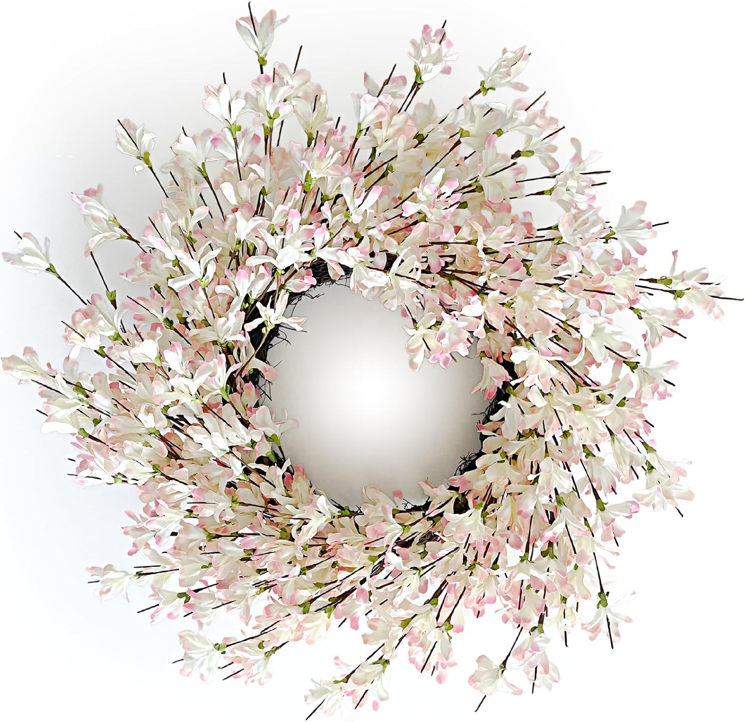 Pink Forsythia Door Wreath 24 Inch Spring Front Door Wreath Blossom Cluster Flower Farmhouse on Grapevine for Festival Celebration Front Door Wall Window Decoration Home Christmas Decor