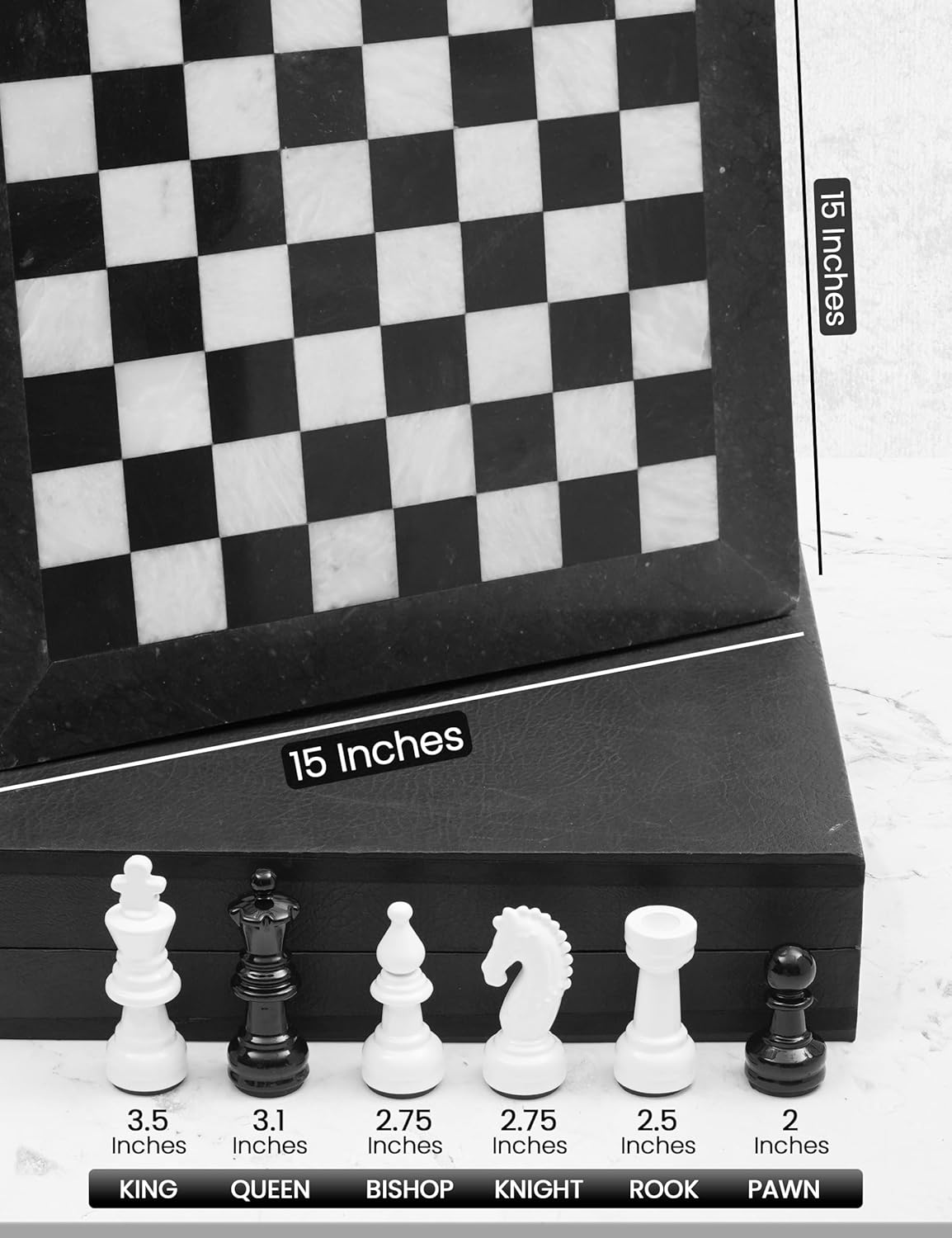 Marblouskrafts Marble Chess Set 15 Inch Black & White Luxury Board Game for Adults, 32 Metallic Chess Pieces, 2 Extra Queens & Storage Box, Handcrafted Gift for Chess Lovers & Home Decor