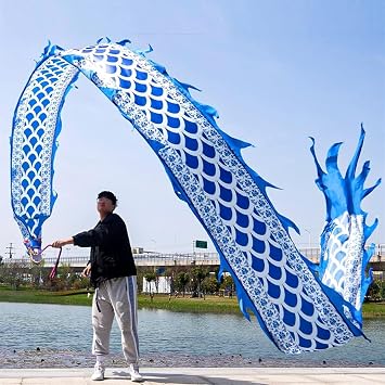 Dragon Ribbon Streamer, Blue Dragon Fitness Ribbon, Flowy Spinning Silk Poi, Outdoor Sports Dragon Dance Streamer with Bag, Parents Exercise Props,6M19.6FT
