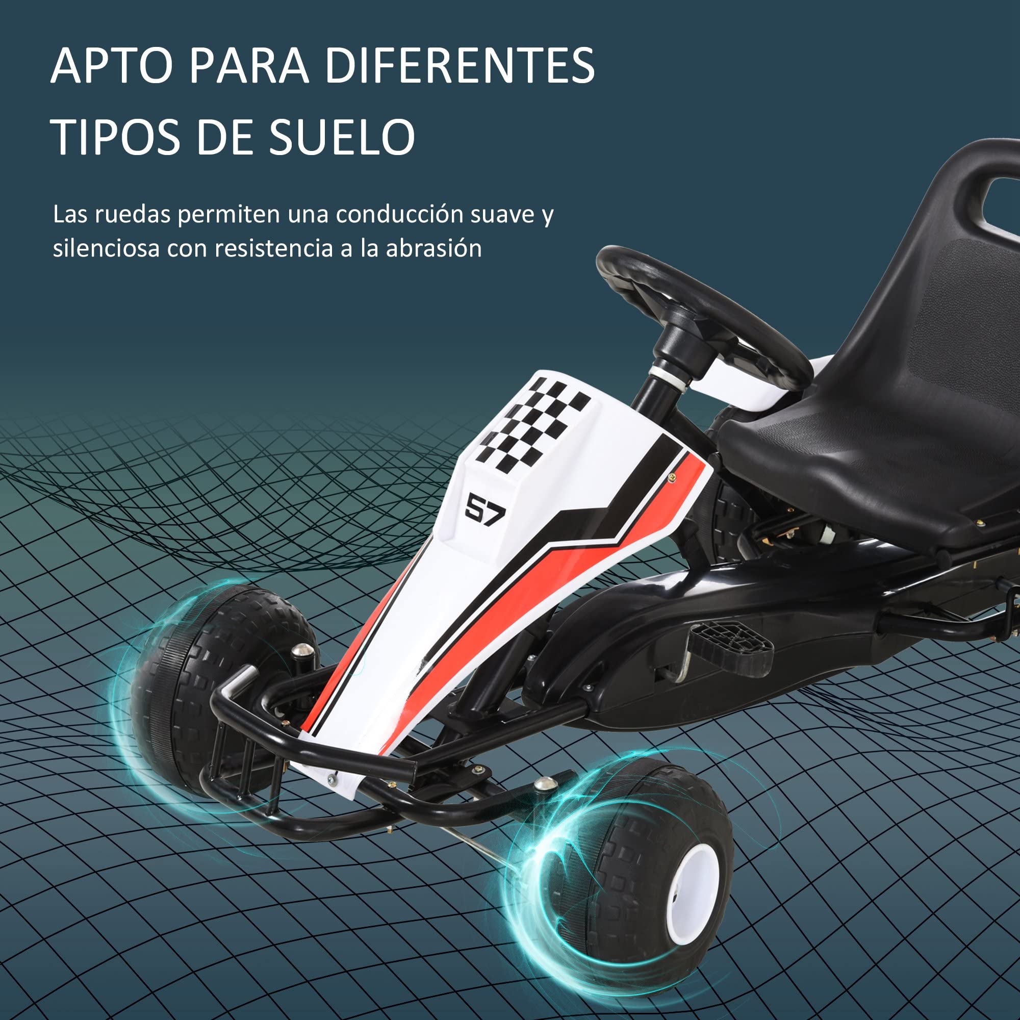 HOMCOM Go Kart a Pedales para Niños de +3 Años Coche de Pedales Infantil con Asiento Ajustable y Freno de Mano 104x66x57 cm Blanco y Negro