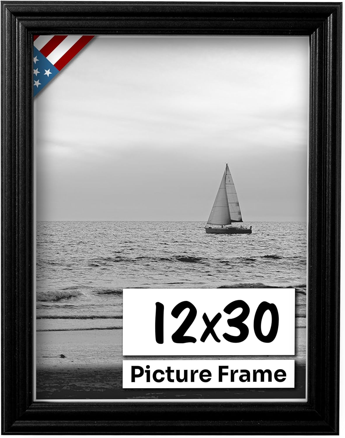 Black 12x30 Picture Frame .75" Inch Wide - Black Wall Decor Handmade Solid Wood Frames with Preinstalled Hangers and UV Blocking Plexiglass 30x12 Frame
