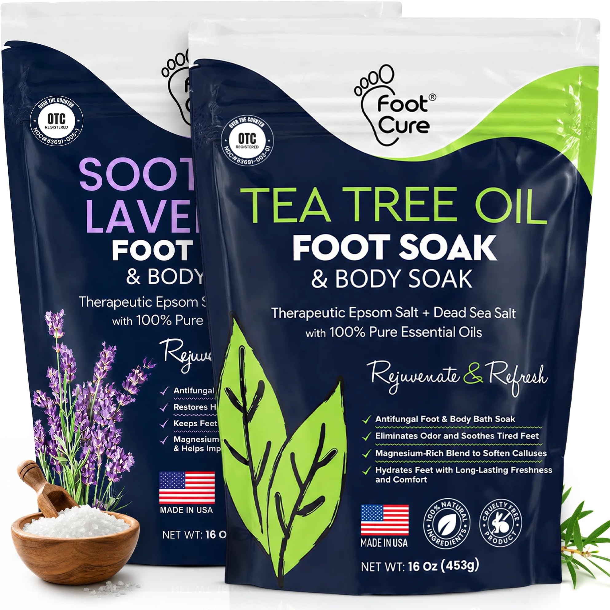 Tea Tree Oil & Soothing Lavender Foot Soak with Epsom Salt - Best Toenail Treatment & Softens Calluses - Soothes Sore & Tired Feet, Foot Odor Scent, Spa Pedicure - 16 oz (Pack of 2)