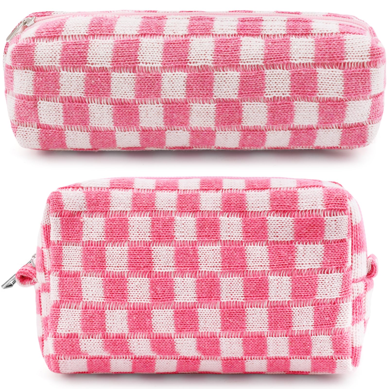 ZLFSRQ 2Pcs Checkered Pencil Case Cute Pencil Pouch for Teens Pink Checkered Makeup Bag Travel Cosmetic Bag Set Cute Preppy Makeup Pouch for Purse Portable Zippered Skincare Toiletry Bags Organizer