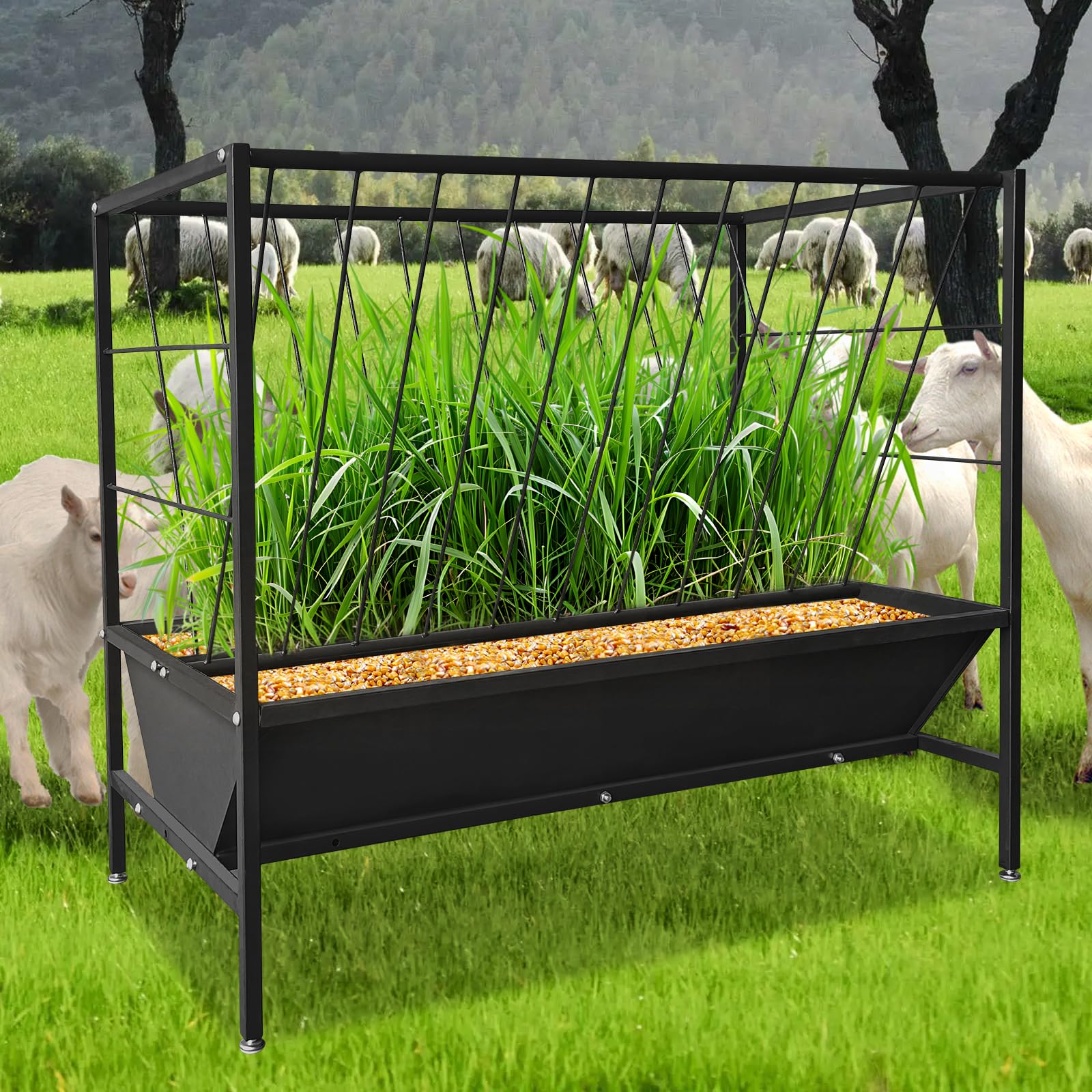 Alimentador de heno de pasto de 45 galones, comedero de acero resistente para ganado de grano de heno con bandeja de alimentación de 24 galones, comedero de ganado para ovejas, cabras, terneros, vacas