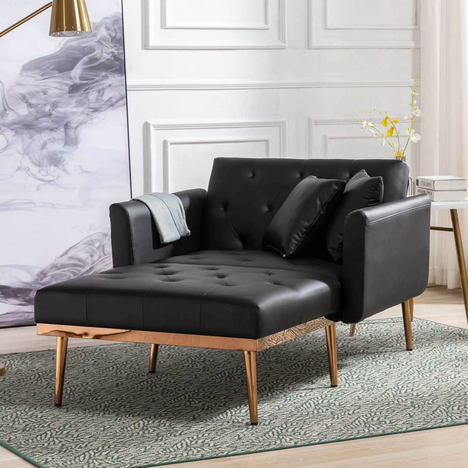 Buy SSLine Elegant Black Leather Chaise Lounge Modern Tufted er Sofa Single Seater with Pillows