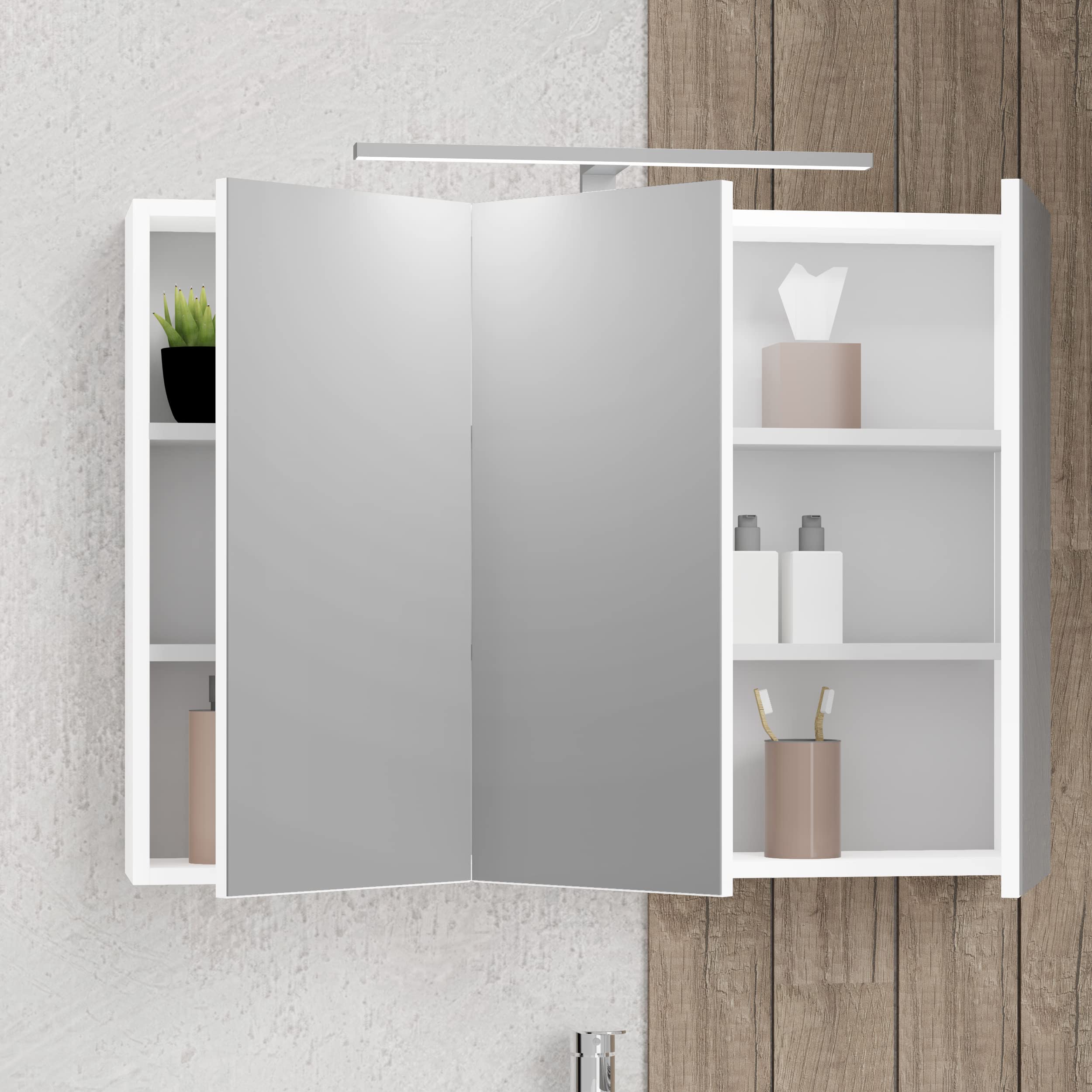 Baikal Mueble Camerino con Espejo, Armario Auxiliar de Baño Multiusos, Opción con o sin Luz LED. Mueble de Pared de fácil colocación. Armario MONTADO. Acabado Blanco. Camerino LED 90 cm