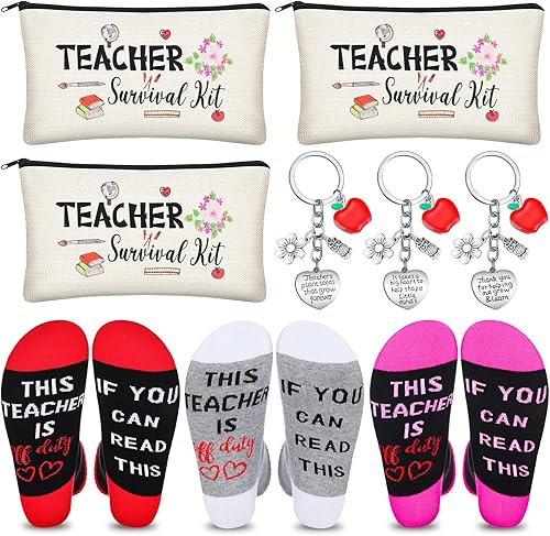 9 piezas de regalos de agradecimiento para profesores, regalos de Navidad, 3 calcetines para profesores, 3 bolsas de maquillaje, 3 llaveros para