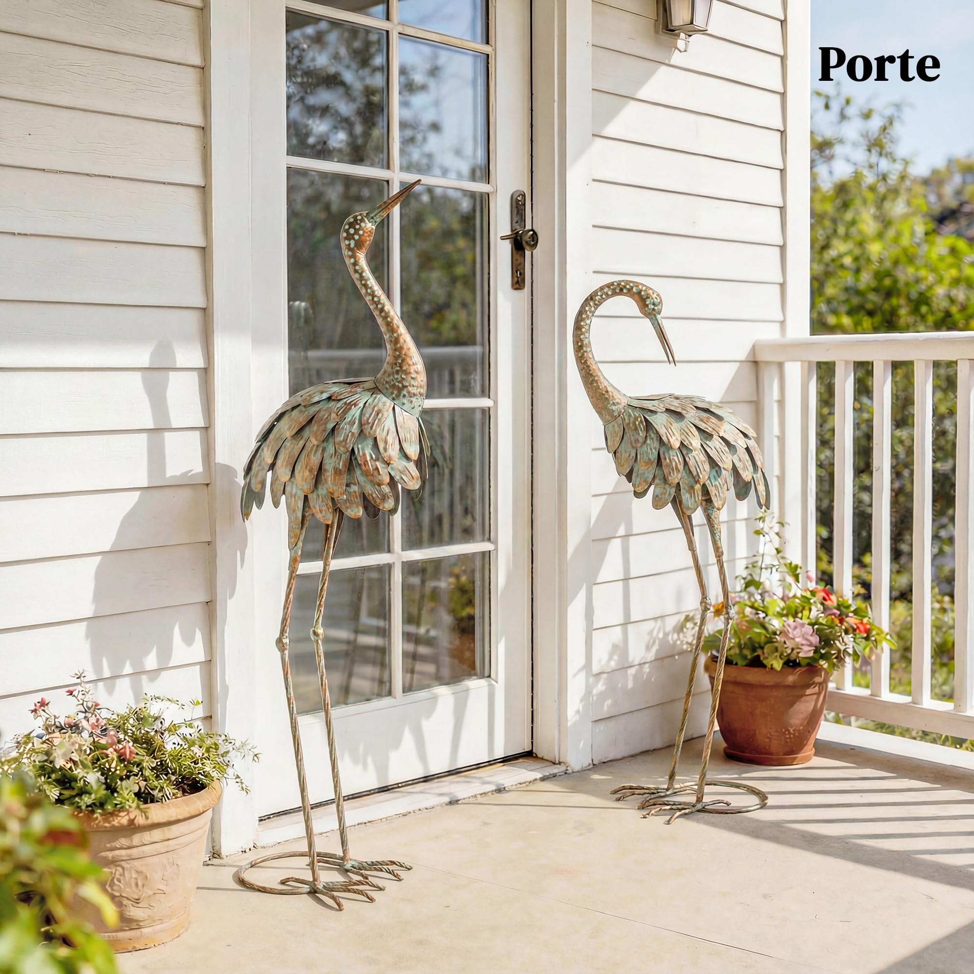 Outsunny Lot de 2 Statues de Jardin Sculpture Héron Métal 91/95cm Or/Bleu
