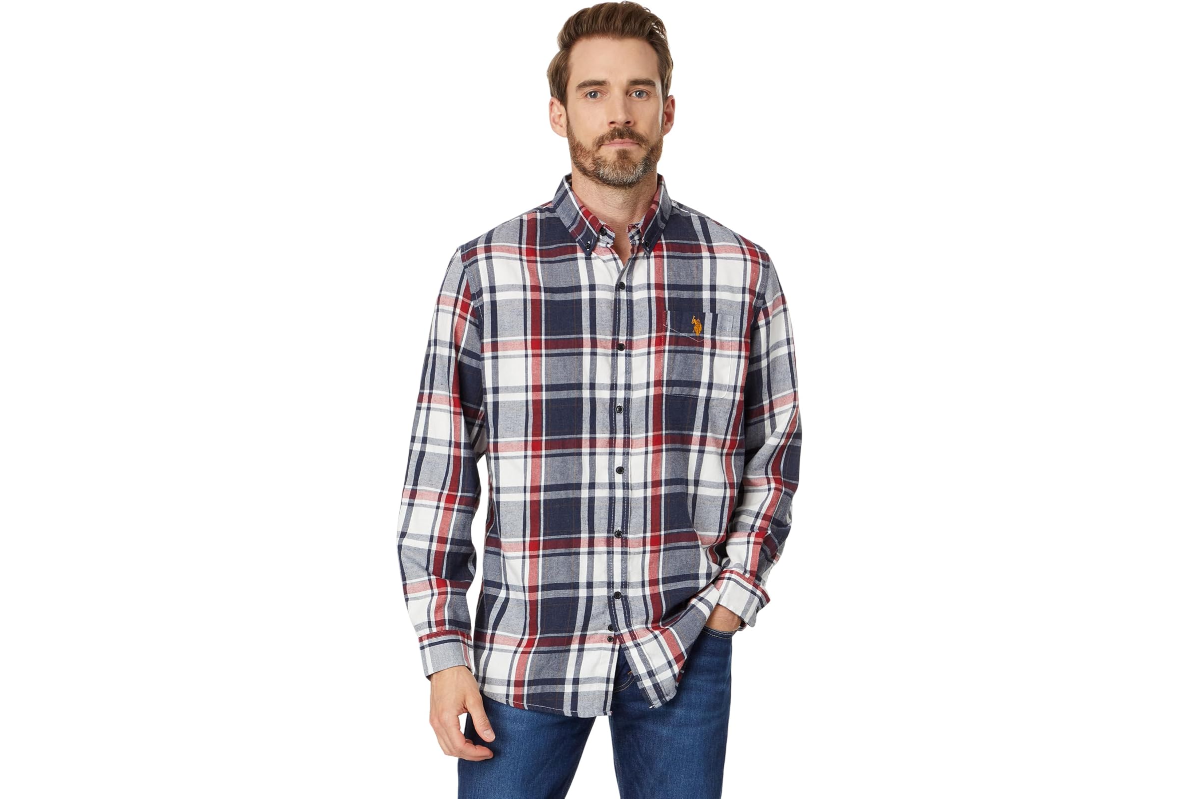 US POLO ASSN Long Sleeve Classic Fit 1 Pocket Yarn Dye Peached Twill Heathered Plaid Woven Shirt 5290₽