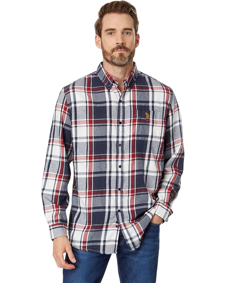U.S. POLO ASSN. Long Sleeve Classic Fit 1 Pocket Yarn Dye Peached Twill Heathered Plaid Woven Shirt - Main View
