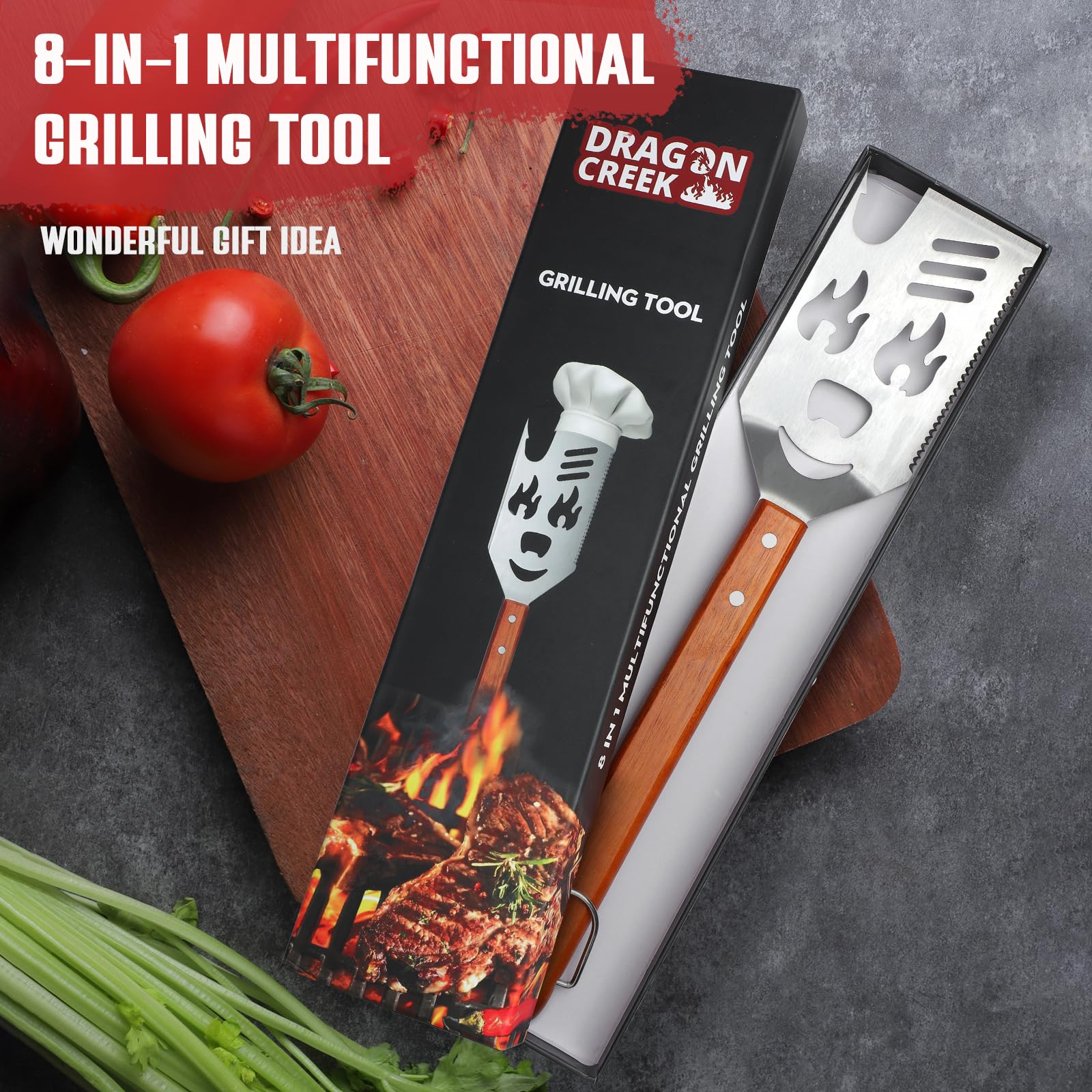 8 in 1 BBQ Spatel für Outdoor Grill, Grillbesteck mit Holzgriff, Multifunktionales Grillwerkzeug, 40,5 cm Grillwender, BBQ Geschenke für Männer, Gabel, Säge, Flaschenöffner zum Grillen